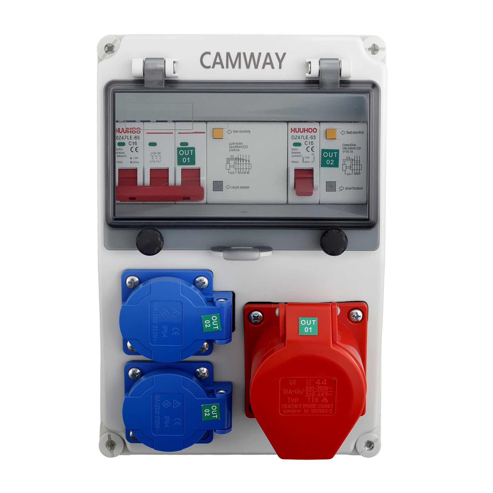 CAMWAY Baustromverteiler, Stromverteiler mit LS+FI, 2x 230V Schuko, 1x 16A CEE Steckdosen Professionelle Verdrahtung, IP66 Wasserdicht,Robuste ABS Wandverteiler für Innen & Außen Industrie Garten Haus
