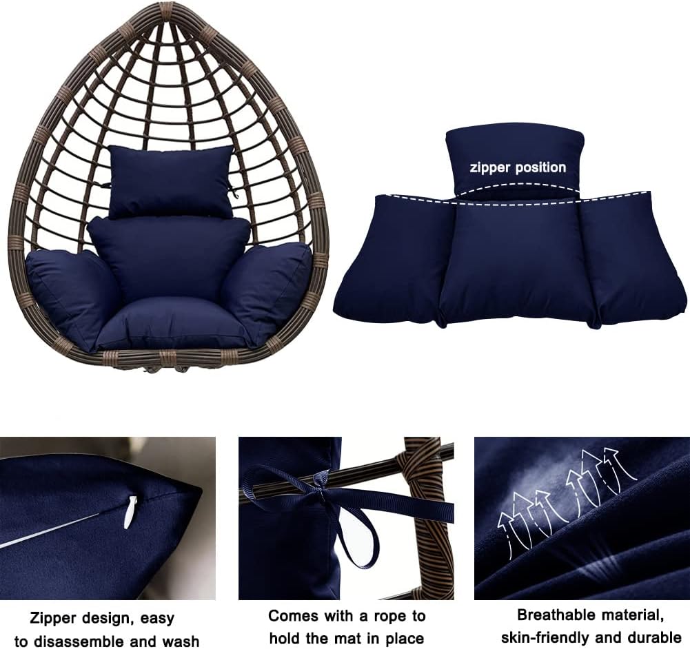 Srutirbo Egg Chair Cushion Replacement, Foldable Waterproof Hanging Basket Swing Chair Cushion with Headrest，Outdoor Porch Backyard Patio Hammock Swing Replacement Cushions (Navy Blue)