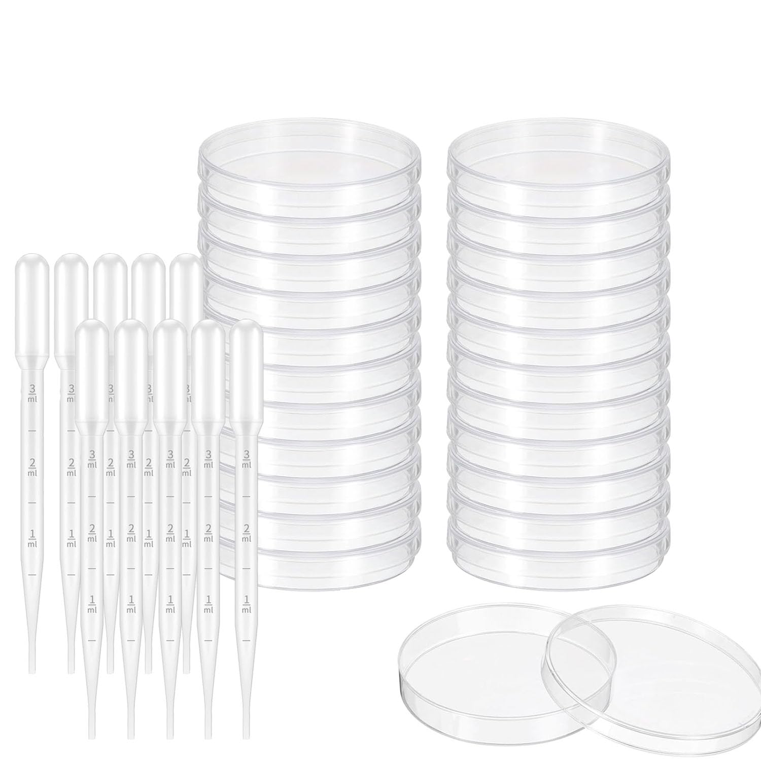 90mm Petrischalen Sterile, 20 Stück Kunststoff Petrischale, Labor kulturschale, Sterile Bakterien-Petrischalen mit Deckel, mit 3ML Pipette Dropper, für Laborkultur Bakterienhefe