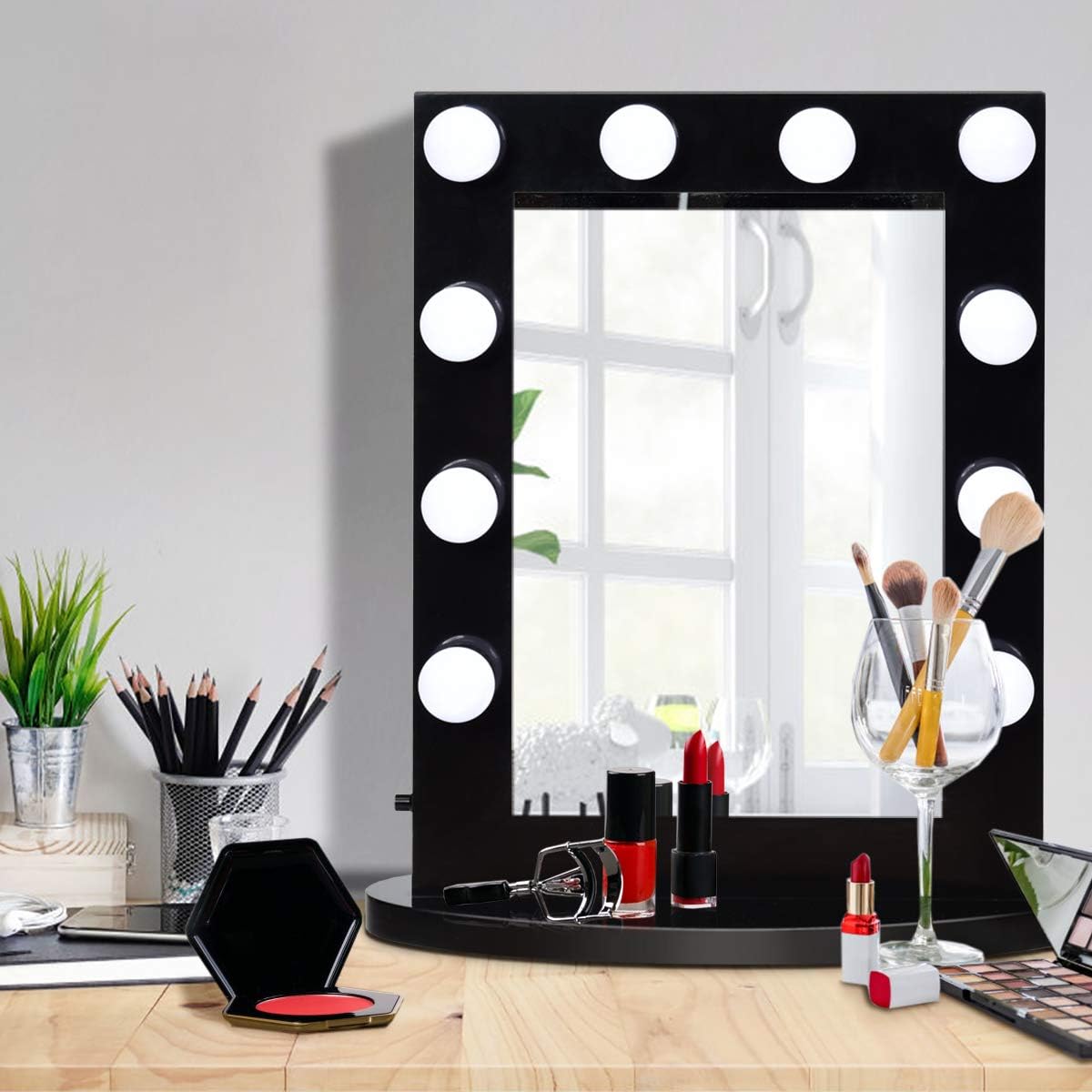 GLACER Hollywood Vanity Mirror with Lights, LED Illuminated Cosmetic Mirror with LED Dimmable Bulbs & Detachable Base for Dressing Room, Bedroom (Black)
