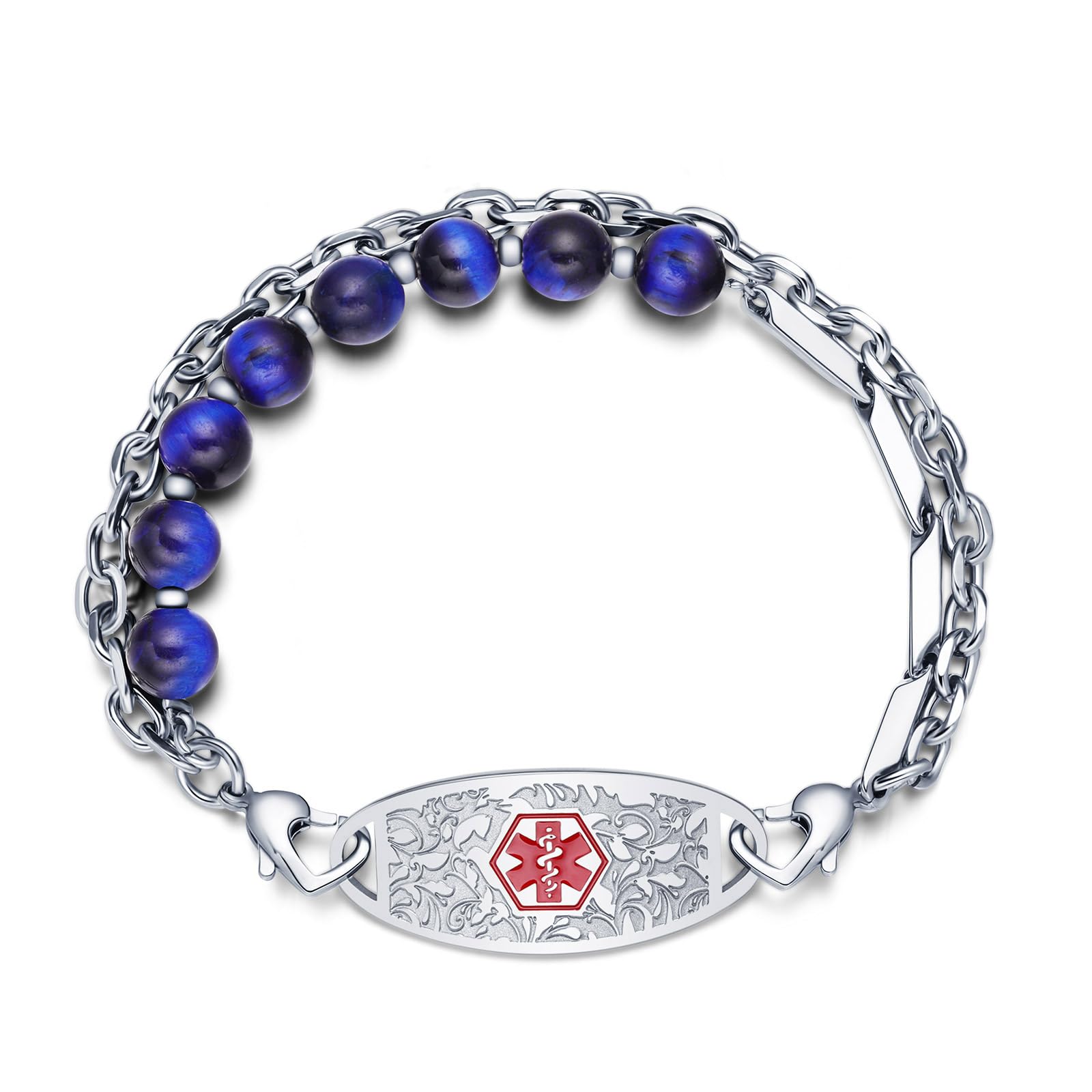 JFJEWER Medical Alert Bracelets for Women Men, Personalized Custom Agate Beaded Medical ID Bracelet, Stainless Steel Layered Emergency Medic Alert ID