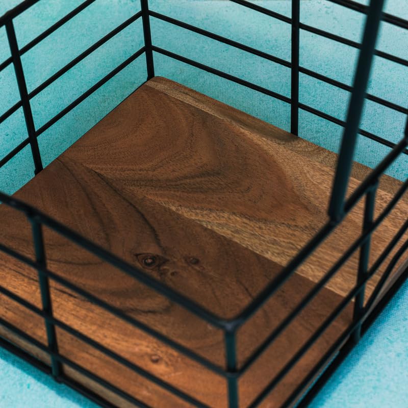 Image of Rustic Grid Multipurpose 2-Tier Storage Basket | Acacia Wood & Iron Handles | Wooden Storage Organizer | Kitchen, Living Room, Bathroom & Home Decor | Natural Finish
