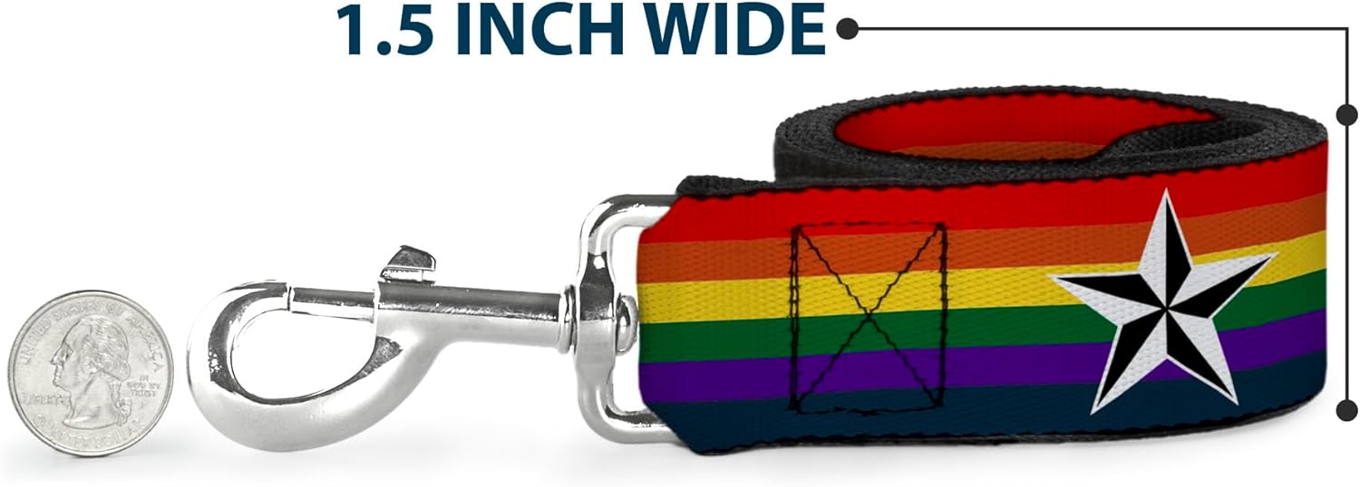 Buckle-Down Pet Leash - Nautical Star Rainbow/White/Black - 6 Feet Long - 1.5" Wide