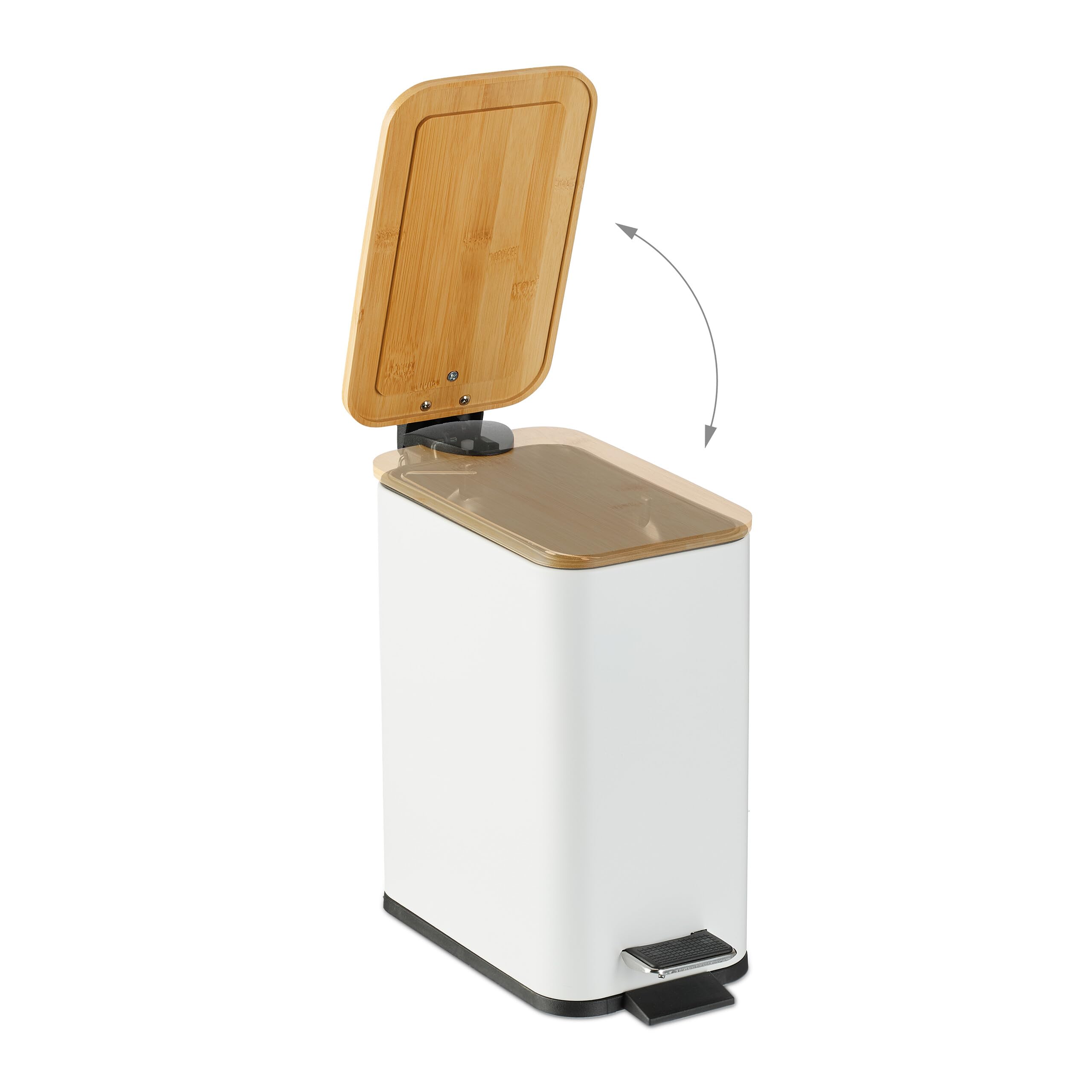 Relaxdays Poubelle de Salle de Bain, 5 litres, métallique, Seau intérieur Amovible, Couvercle en Bambou, Blanche