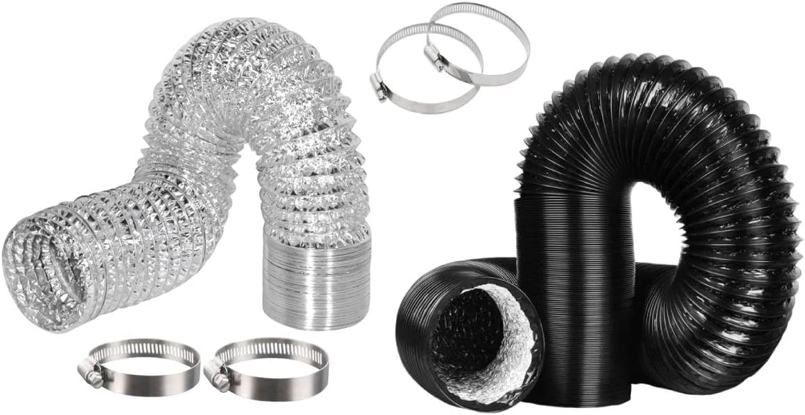 SunStream 6 Inch 25 Feet Flex Dryer Vent Hose and 6 Inch 16 Feet Non-Insulated Flex Air Aluminum Ducting for HVAC Ventilation with 2 Stainless Steel Clamps