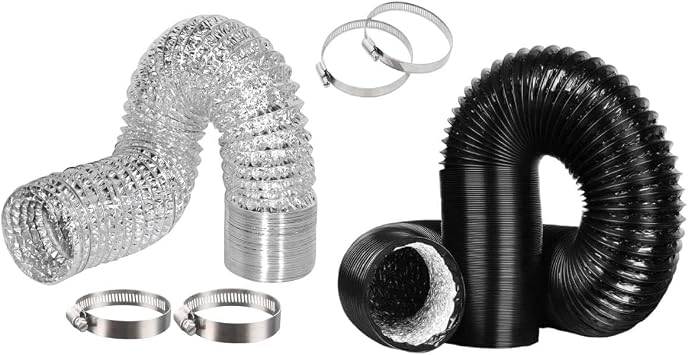 SunStream 6 Inch 25 Feet Flex Dryer Vent Hose and 6 Inch 16 Feet Non-Insulated Flex Air Aluminum Ducting for HVAC Ventilation with 2 Stainless Steel Clamps
