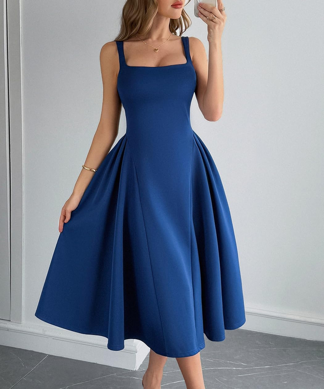 Wellwits Women's Wide Strap Square Neck Pleated Vintage Cocktail Formal Dress - Image 4