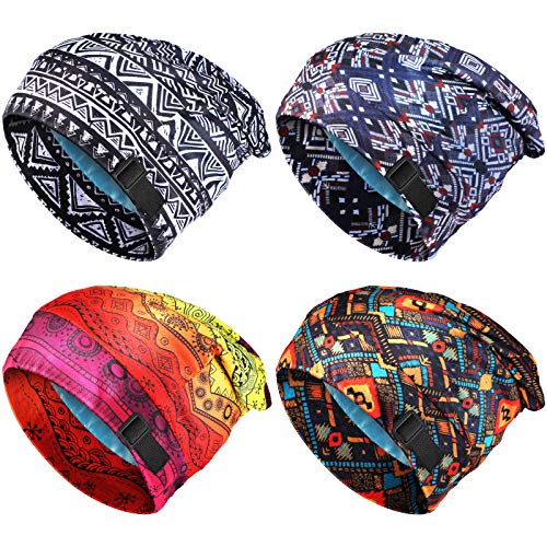 4 Pieces Tie Dye Sleep Caps Adjustable Hair Cover Bonnet Satin Lined Sleep Caps Slouchy Beanie Hat Night Sleeping Bonnet Hats for Women Girls (Retro Patterns)