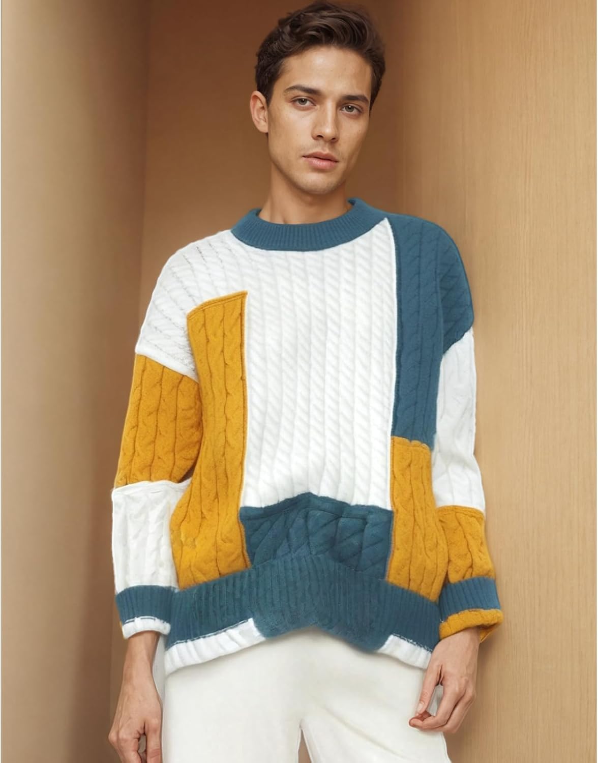 GURUNVANI Mens Patchwork Sweater Colorblock Knit Jumper Vintage Cable Knitted Pullover Sweater - Image 2
