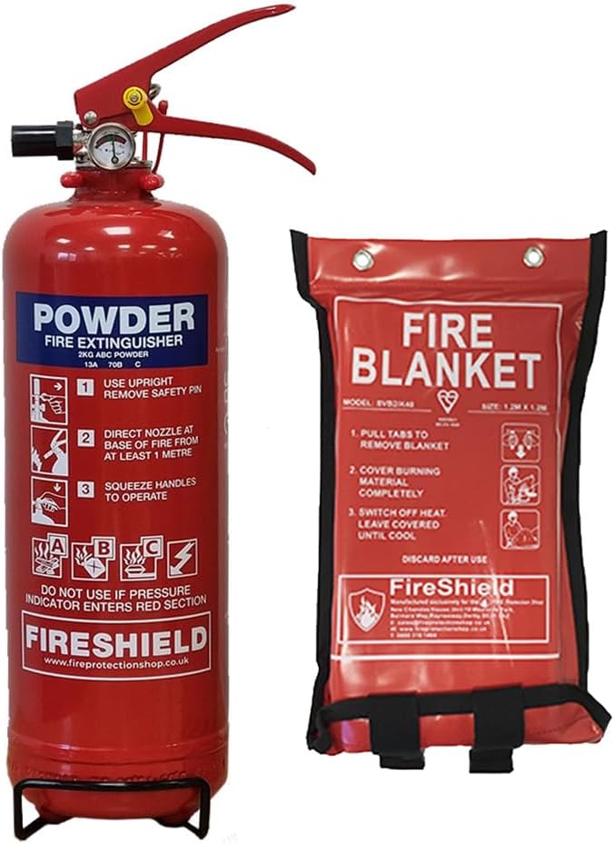 – FireShield 2KG Dry Powder Fire Extinguisher & 1m x 1m Soft Case Fire Blanket