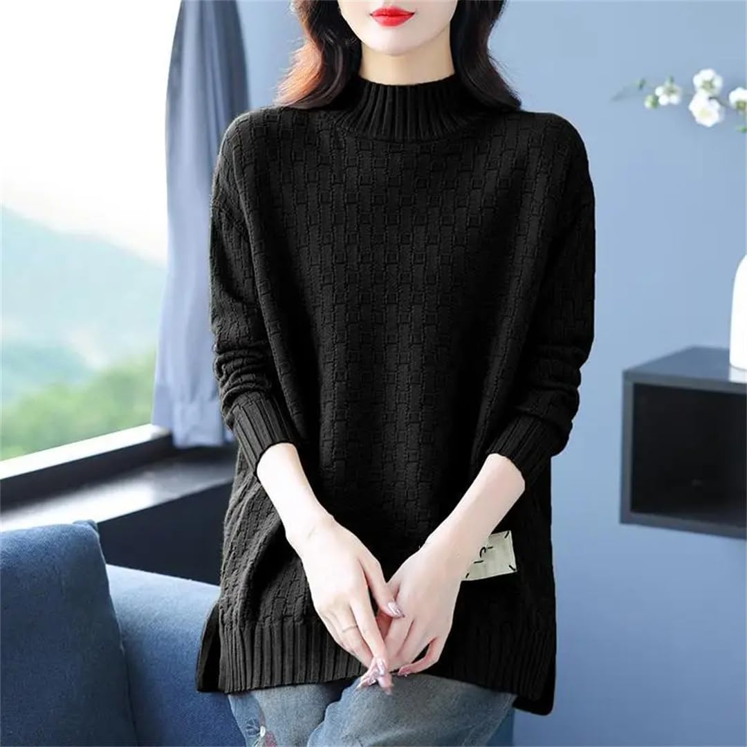 Lässiger Damen-Pullover, locker, mittellang, dick, gestrickt, hoher Kragen, solider Pullover