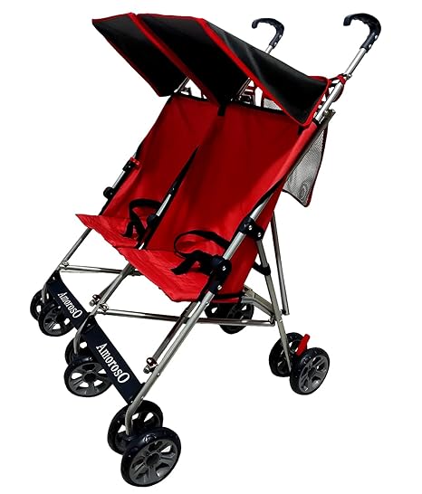 AmorosO Twin Lightweight Umbrella Stroller - Easy to Clean Stroller - Baby Stroller with Four Wheels - Travel-Ready Stroller - with Extra Storage - Sunlight and Light Rain Protection - Red/Black