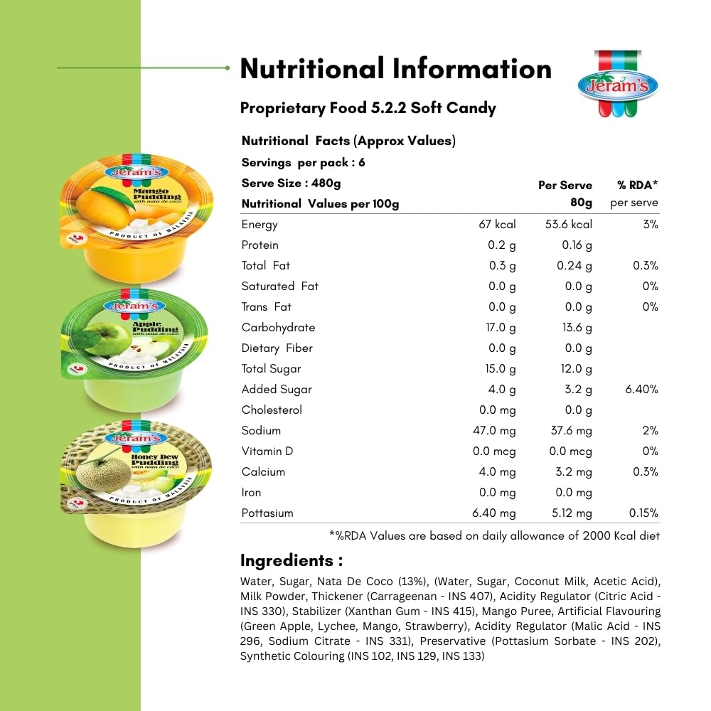 Jeram's Fruit Pudding Cups | 6 x 80g | With Nata de Coco | Assorted Flavors - Mango, Lychee, Honey Dew, Apple & Strawberry | Ready-to-Eat Dessert | Imported from Malaysia - Image 2 thumbnail