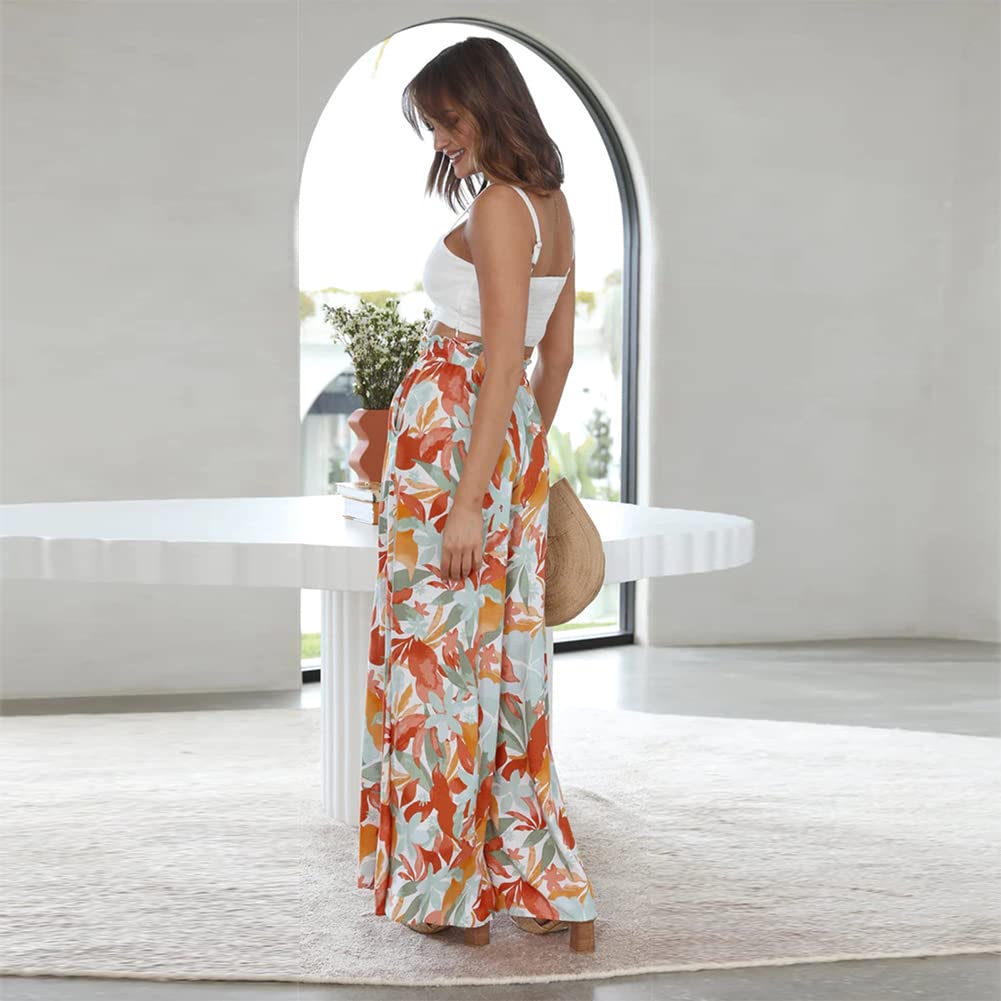 Odizli Pantaloni lunghi da donna eleganti bohémien, in chiffon, a vita alta, larghi, da spiaggia