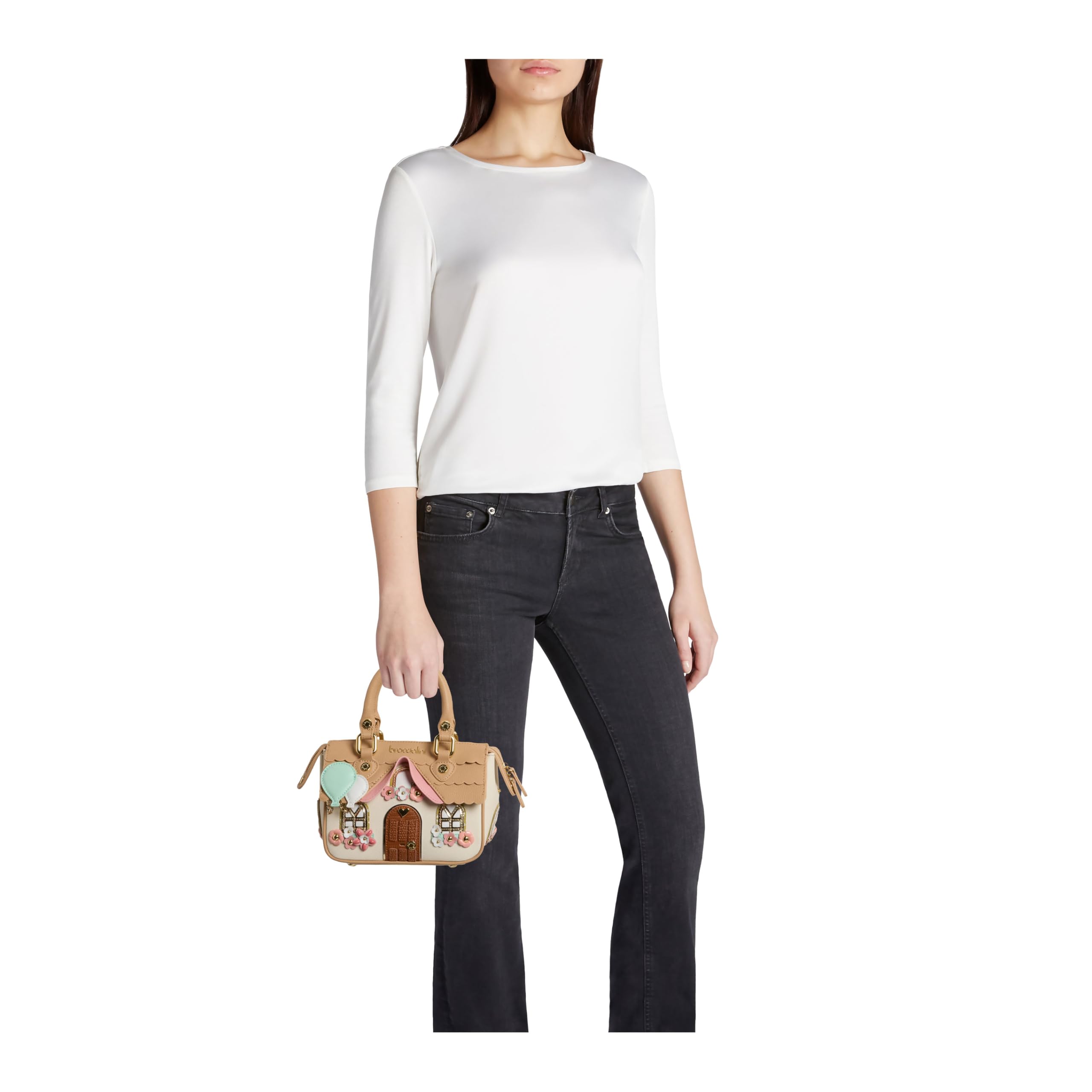 Braccialini Temini Borsa a mano in pelle con doppi manici e tracolla regolabile e removibile, pensata per accompagnarti con stile nella quotidianità. La sua silhouette richiama una graziosa casetta di