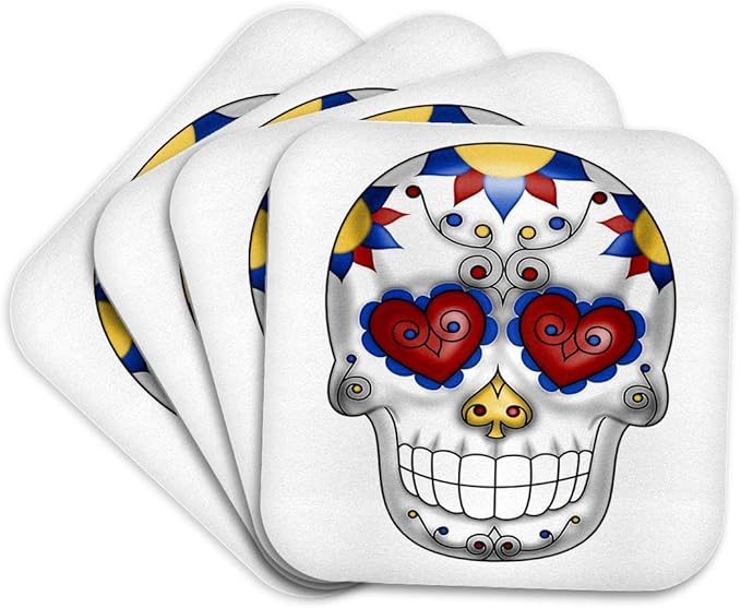 Set of 4 Coasters - Soft - Red, Yellow, Blue and White Sugar Skull Illustration Cute Illustrations