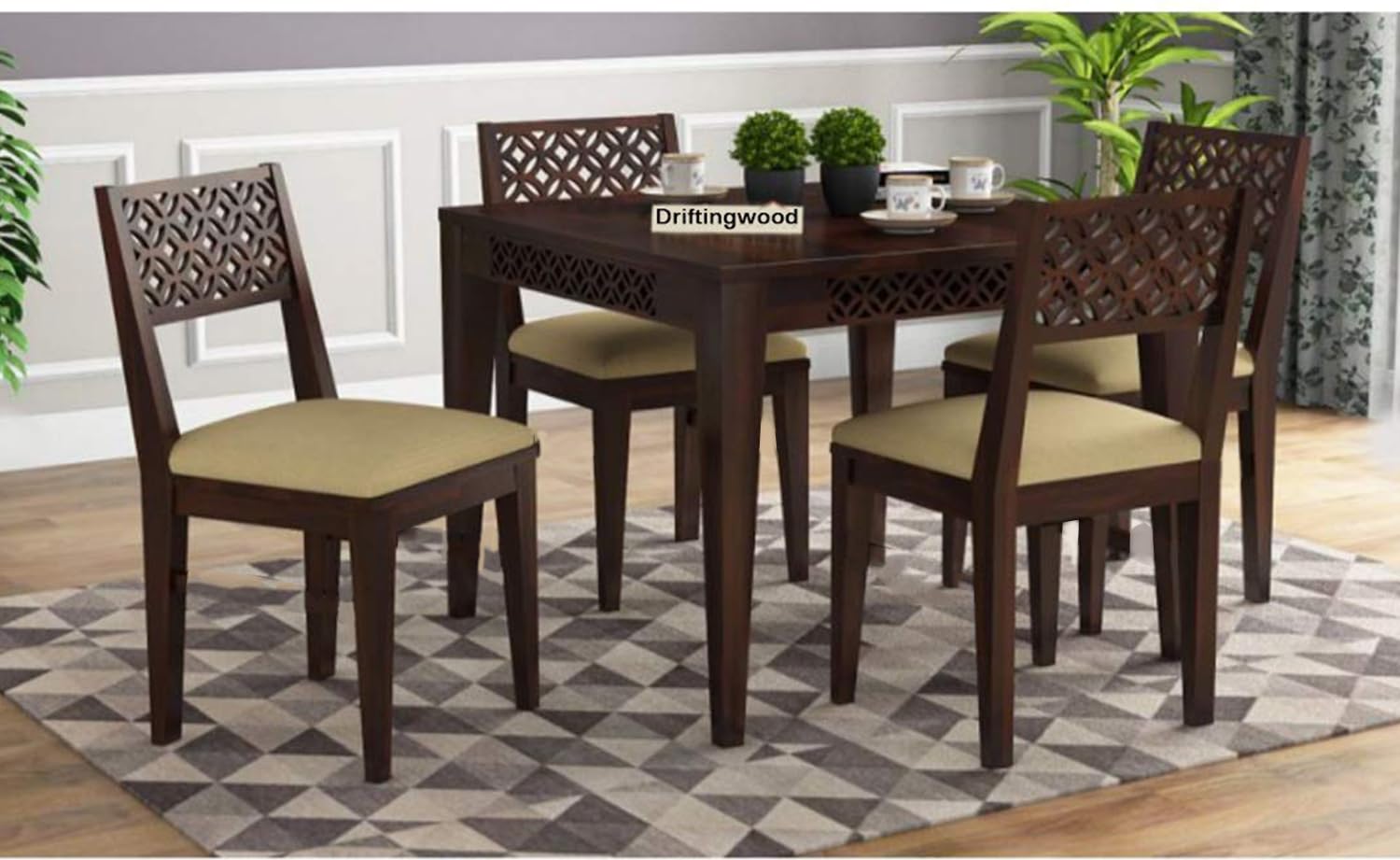 DRIFTINGWOOD Maharaja Solid Wood Dining Table 4 Seater | Wooden Four Seater Dinning Table with Cushion Chairs | Dinner Table 4 Seater | Dining Room Set Furniture | Self Assembly, Mahogany Finish (B08F4F3LG2) Amazon Price History, Amazon Price Tracker