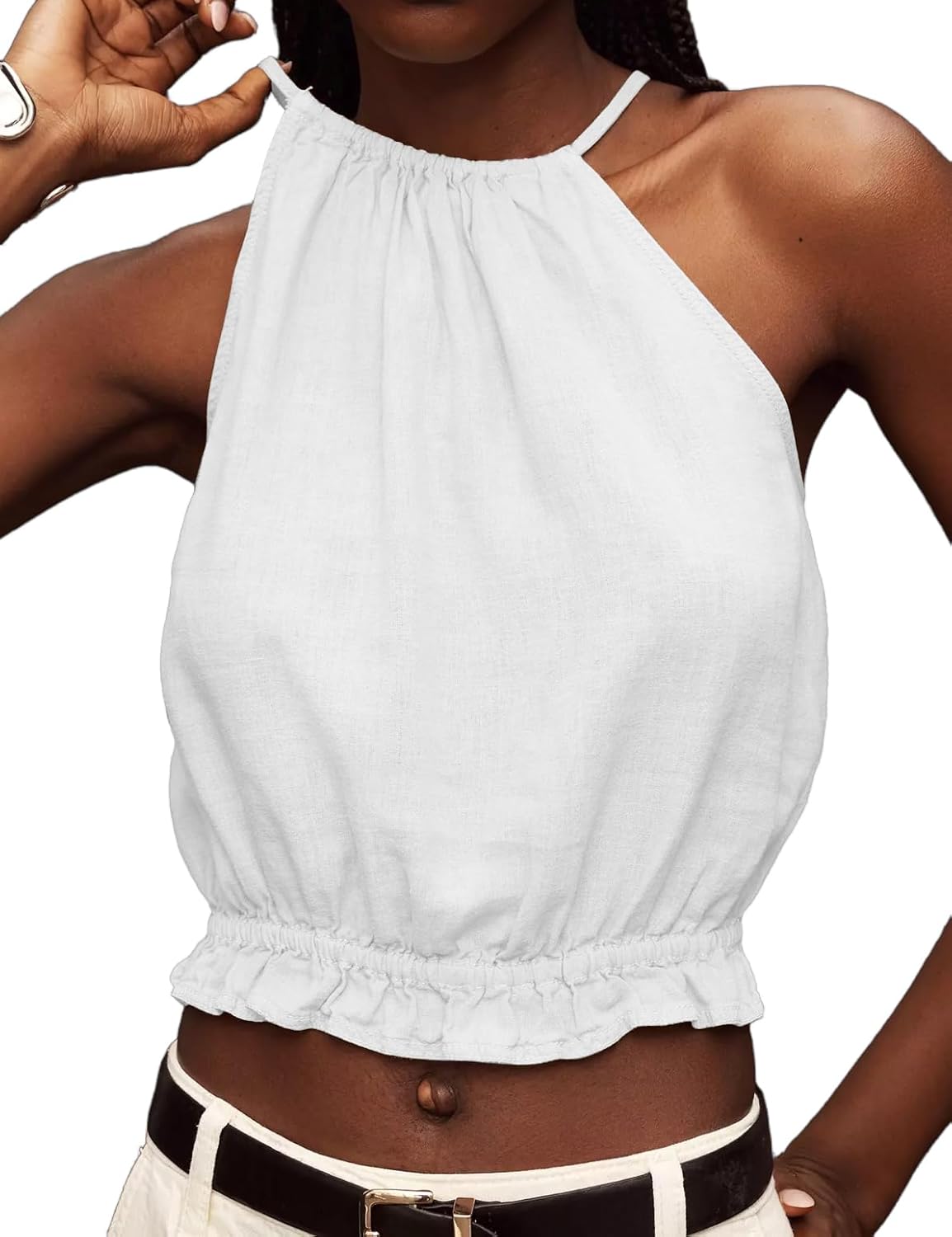 IDEALSANXUN Womens Crop Linen Halter Tops Summer High Neck Tank Tops Sleeveless Shirts