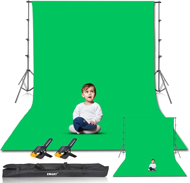 EMART Green Screen Background with Stand, 8.5x10ft(2.6x3m) Photography Backdrop Stand Kit with 10x12ft (3x3.6m) Muslin Chromakey Backdrop for Portrait, Video, Shooting, Photo, Studio