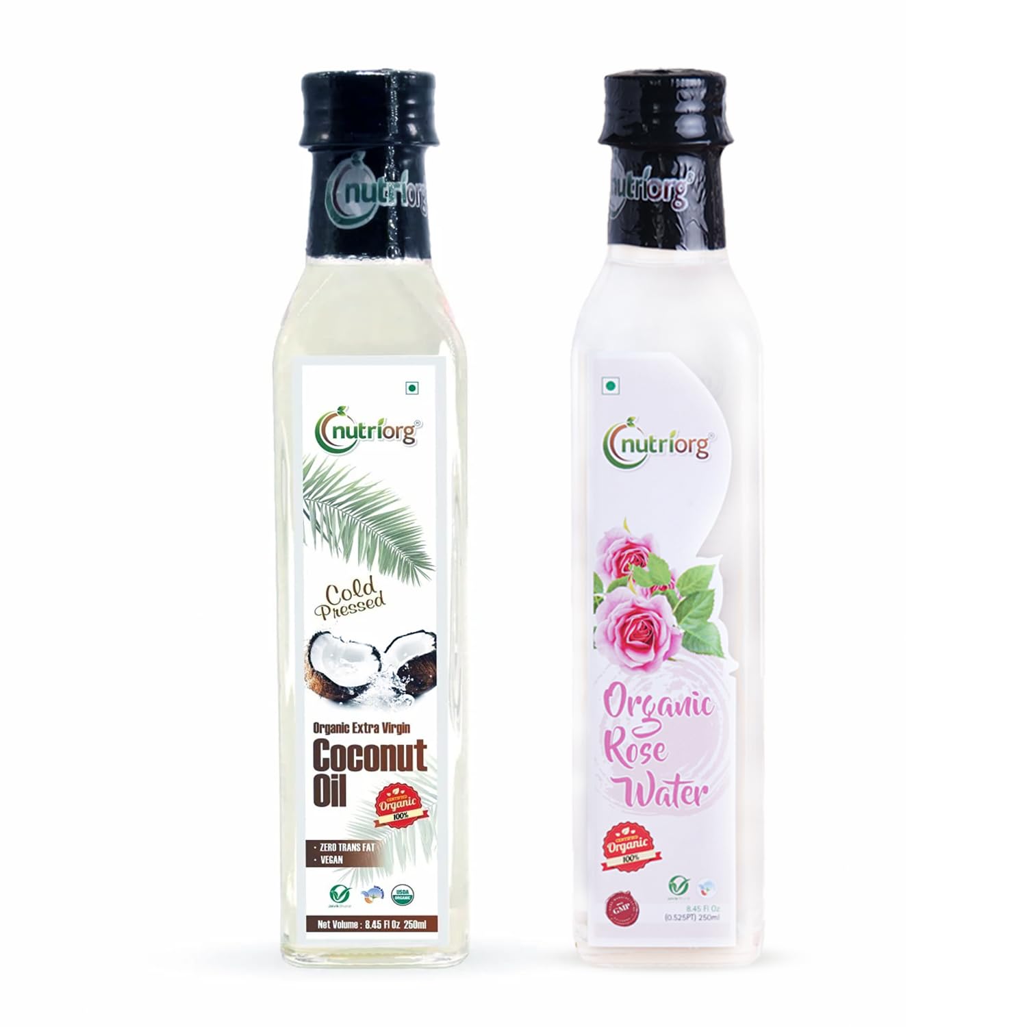 Nutriorg Organic Extra Virgin Coconut Oil 250ml & Organic Rose Water 250ml, Good for Skin & Hair