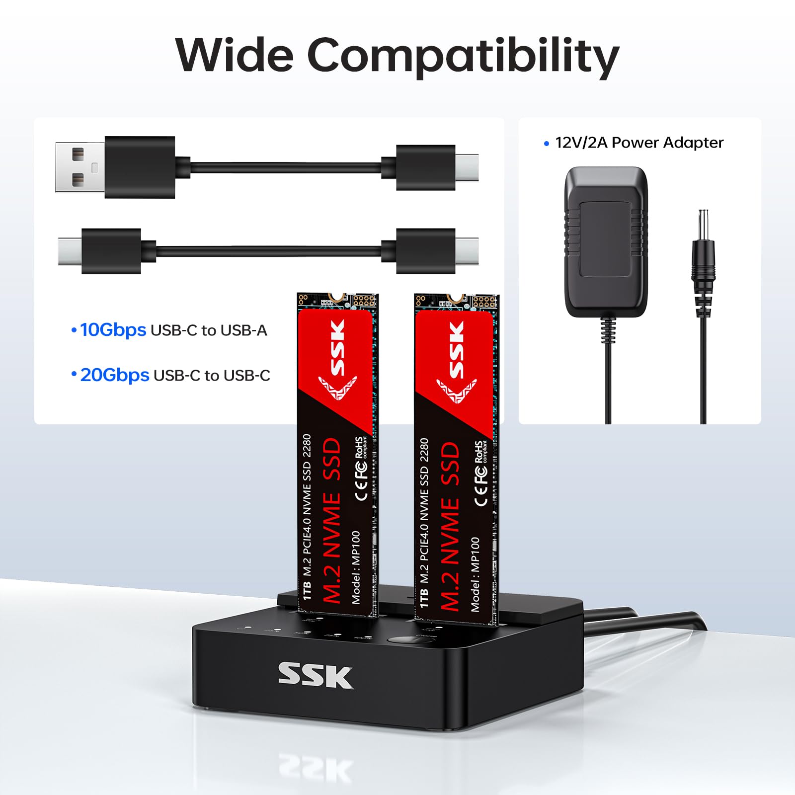 SSK Dock Disque Dur Cloner SSD M.2 NVMe SATA, Double Baie 20Gbps USB 3.2 Gen 2x2 Station d'accueil, Adaptateur USB pour SSD PCIe M Key/B+M Key avec Clonage Hors Ligne