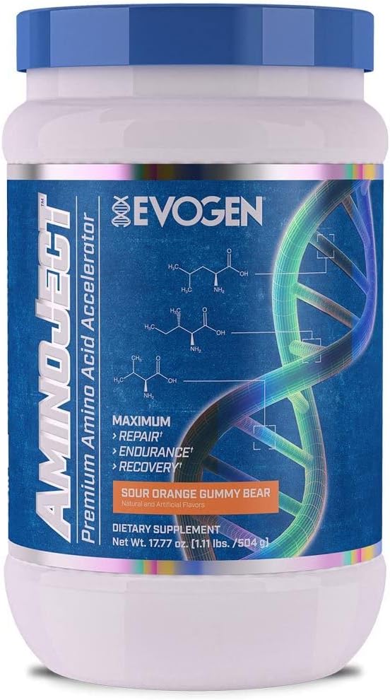 Evogen AminoJect | Vegan Fermented Plant Based BCAA, Glutamine, Citrulline Powder | Sour Orange Gummy Bear | 30 Servings