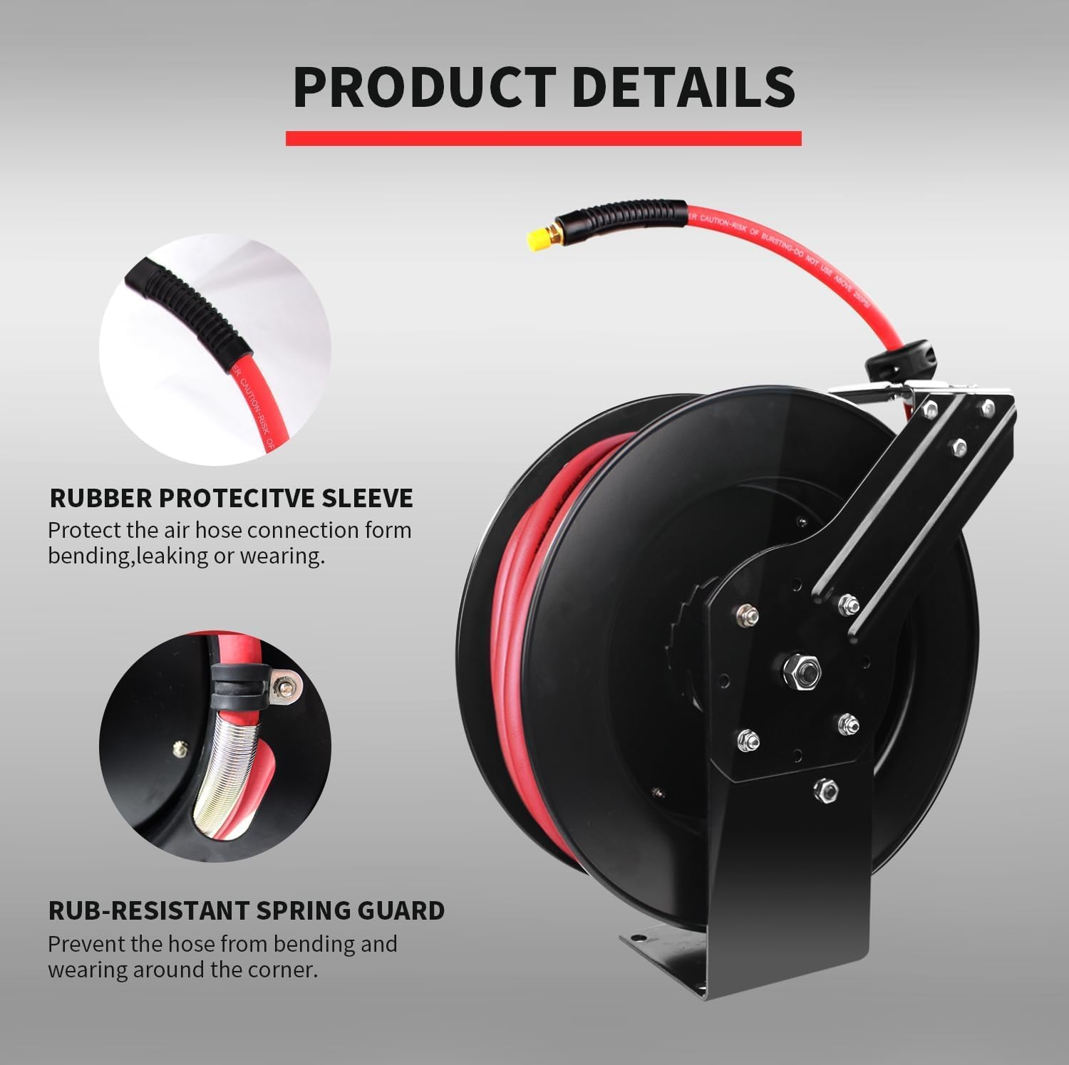 MaxWorks 50998 50ft Auto Rewind Retractable Reel with 3/8" x 50' Air Hose with Brass Fittings
