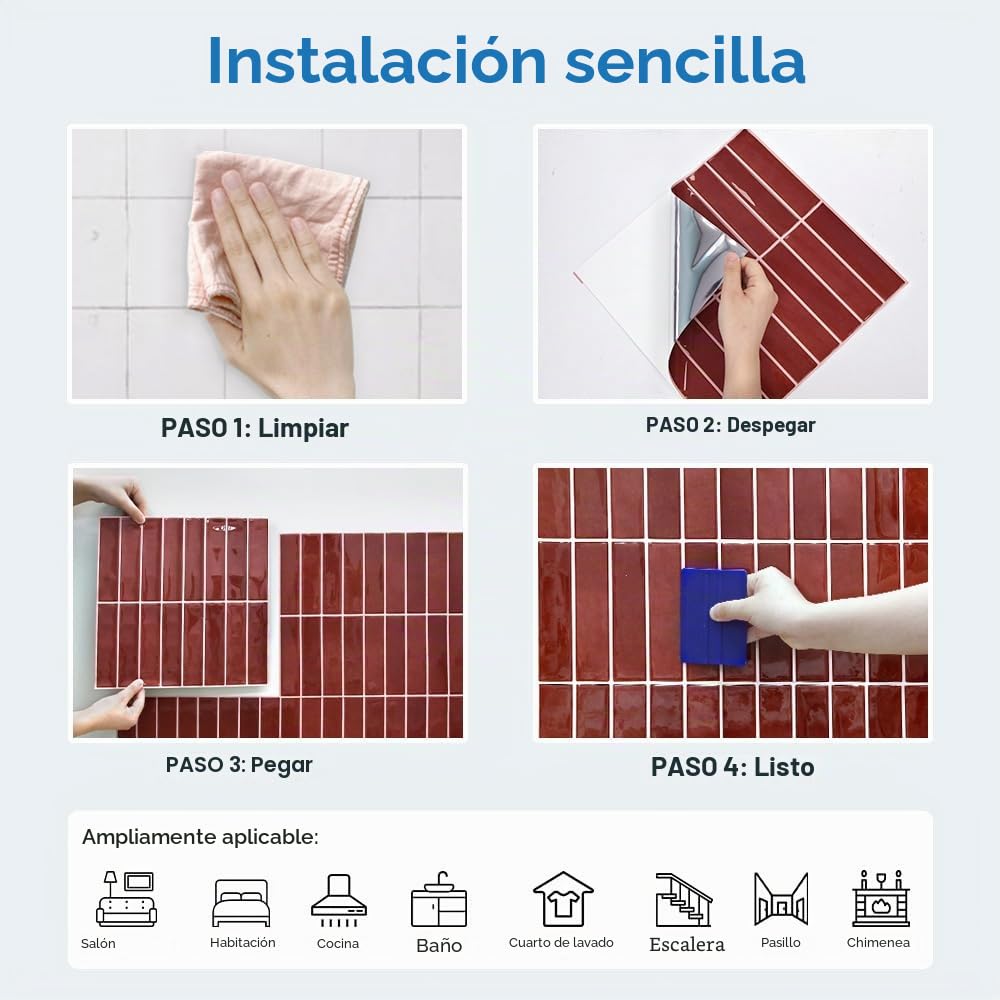 Azulejos Adhesivos Cocina Rojo oscuro, 10 Piezas 30.5 x 30.5 cm, Azulejos Autoadhesivos 3D, Línea Recta Vertical, Baldosas Adhesivas de Vinilo para Salpicadero en Cocina y Baño, Impermeables