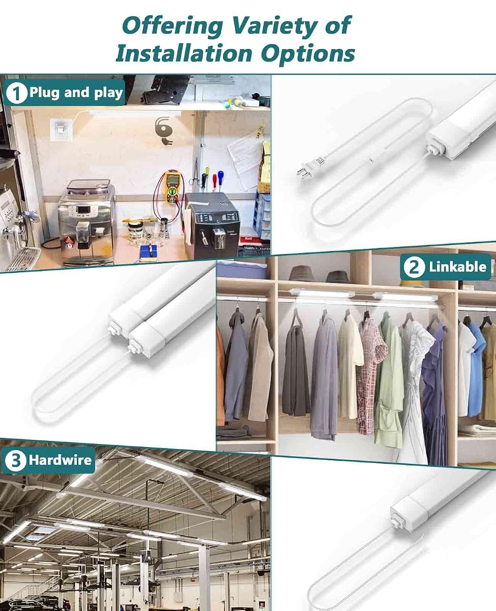 WNSNOU LED Shop Light With Plug, 4FT Waterproof Linkable Tube, 36W Cabinet Lighting 5000K Wired Electric Ceiling With ON/Off Switch, 4000LM Closet Light for Workshop, Room 4FT-1PCS image 1