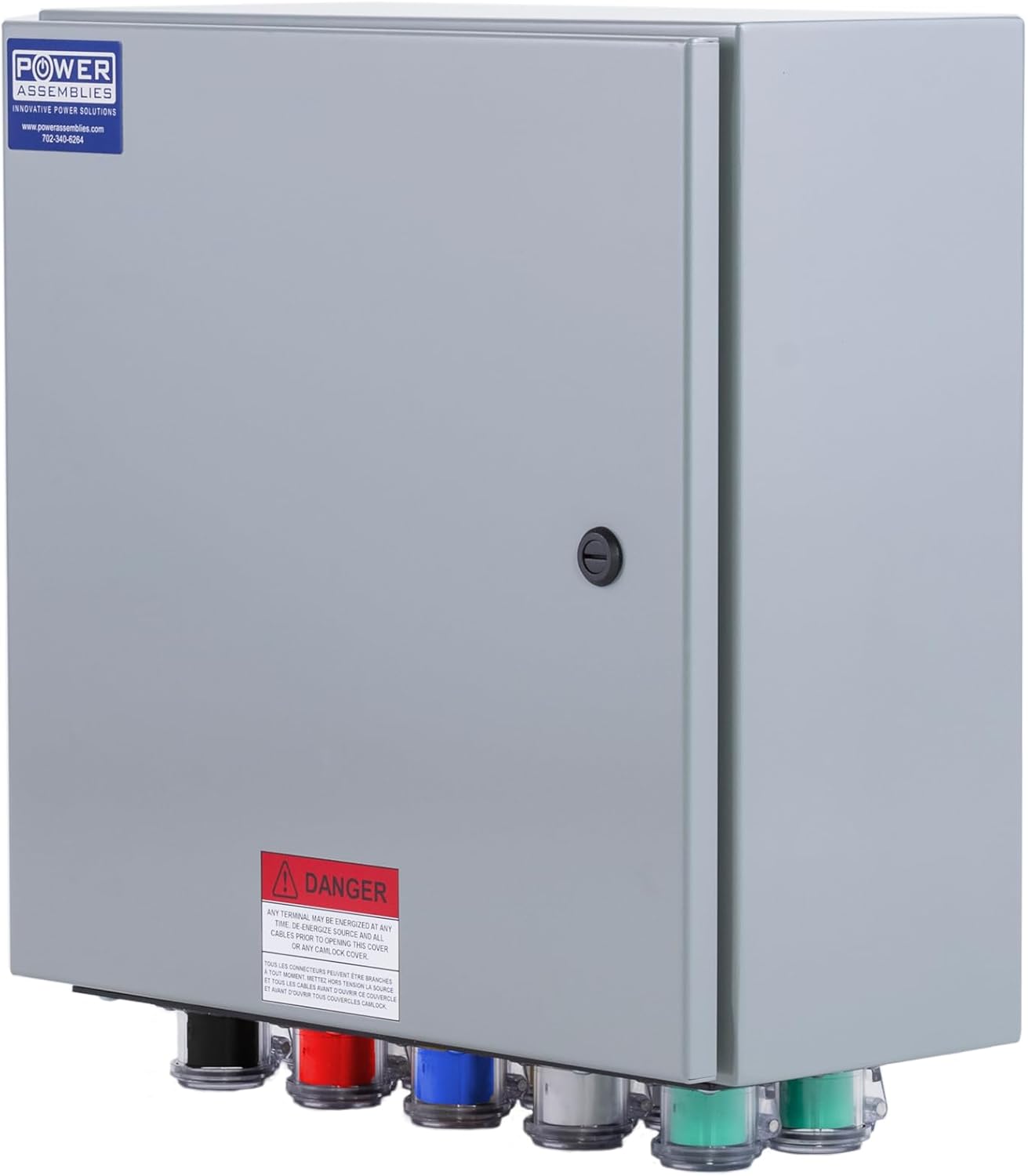 Camlock Connection Box, 400 Amp, 120/208V, 3 Phase, 4 Wire, NEMA 4/12 Box with Camlock Series 16 Male Inputs, Double Set Screw Wall-Mount Power Distribution Box, BLK/RED/BLU/WHT/GRN