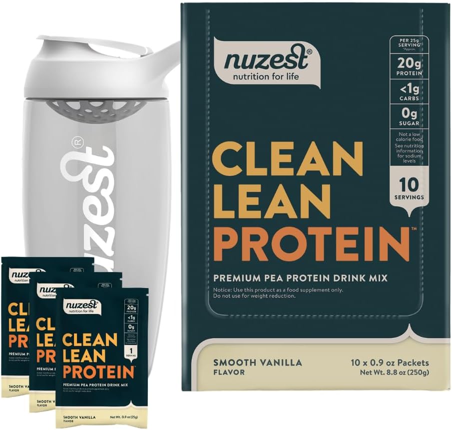 Nuzest Vegan Pea Protein Powder - Clean Lean Protein 10 Servings 20g Protein, Smooth Vanilla Protein Shake Mix + Sports Shaker Bottle 24oz