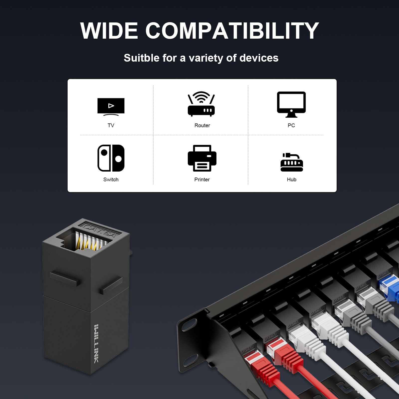 iwillink Pannello patch Cat6A da 10 Gbps a 24 porte, Keystone Patch Panel UTP da 48 cm con barra posteriore, montaggio a parete o montaggio a rack, compatibile con cablaggio Cat5, Cat5e, Cat6, Cat6A