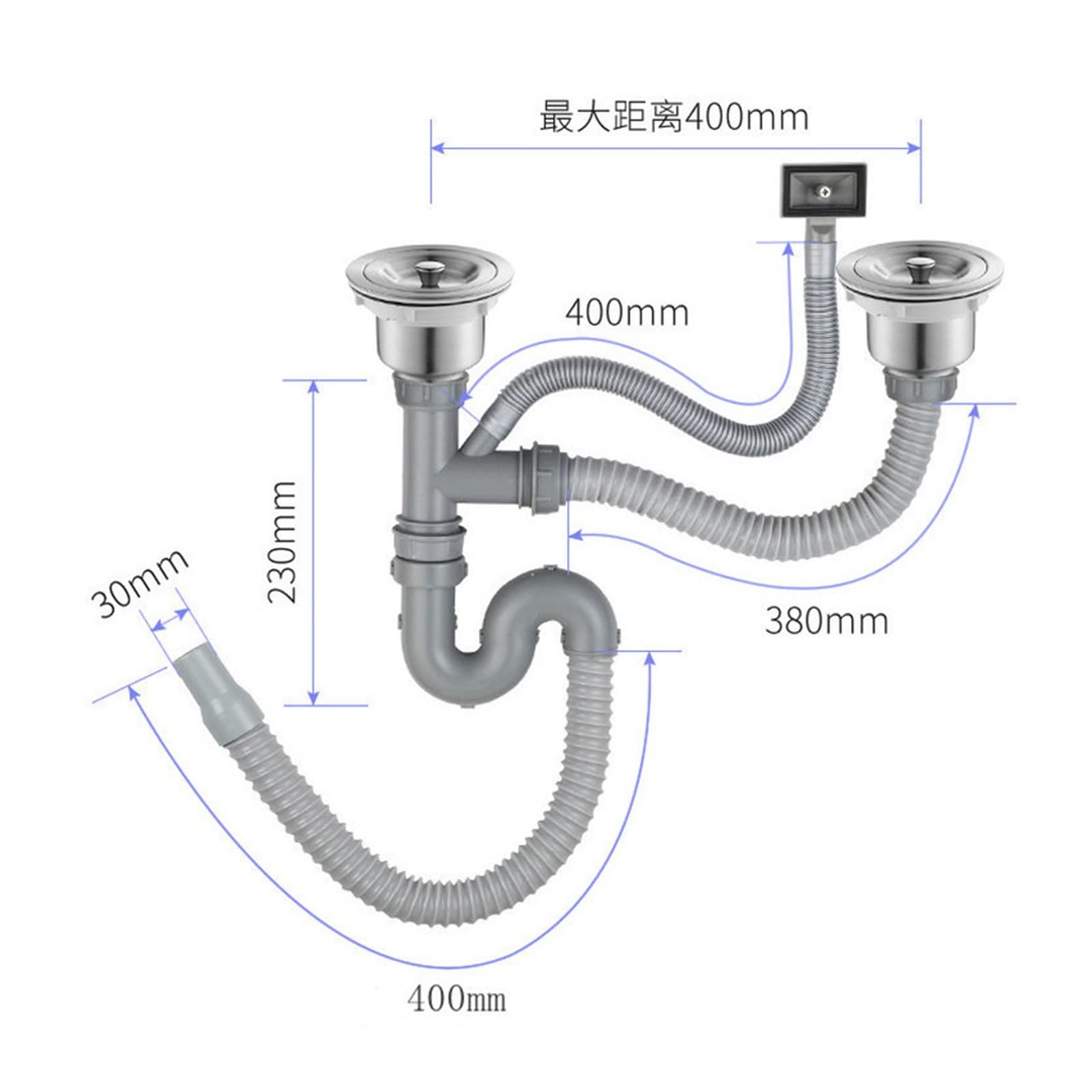 yaoqijie Tubo for fognatura Singolo a doppia scanalatura Lavello Scarichi Sottopiano in acciaio inox Tubo dell'acqua Lavabo Tubo idraulico Cucina Accessori for il bagno lasting