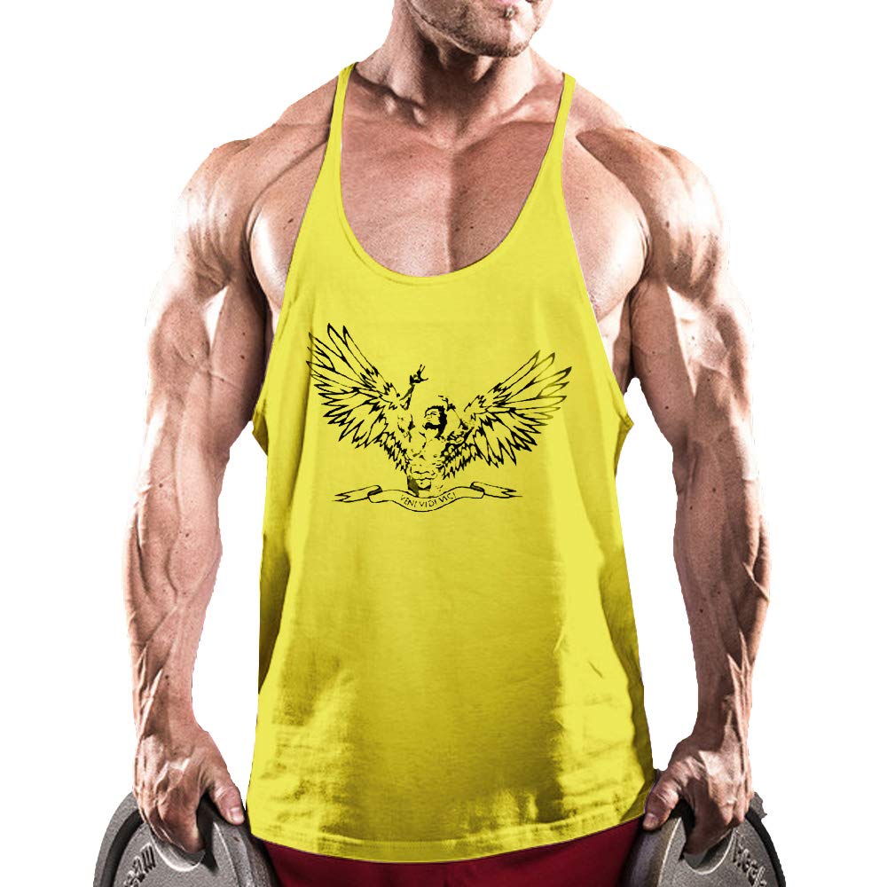 Men Workout Fitness's Sleeveless Bodybuilding Vest Tank Top Undershirt Yellow XL