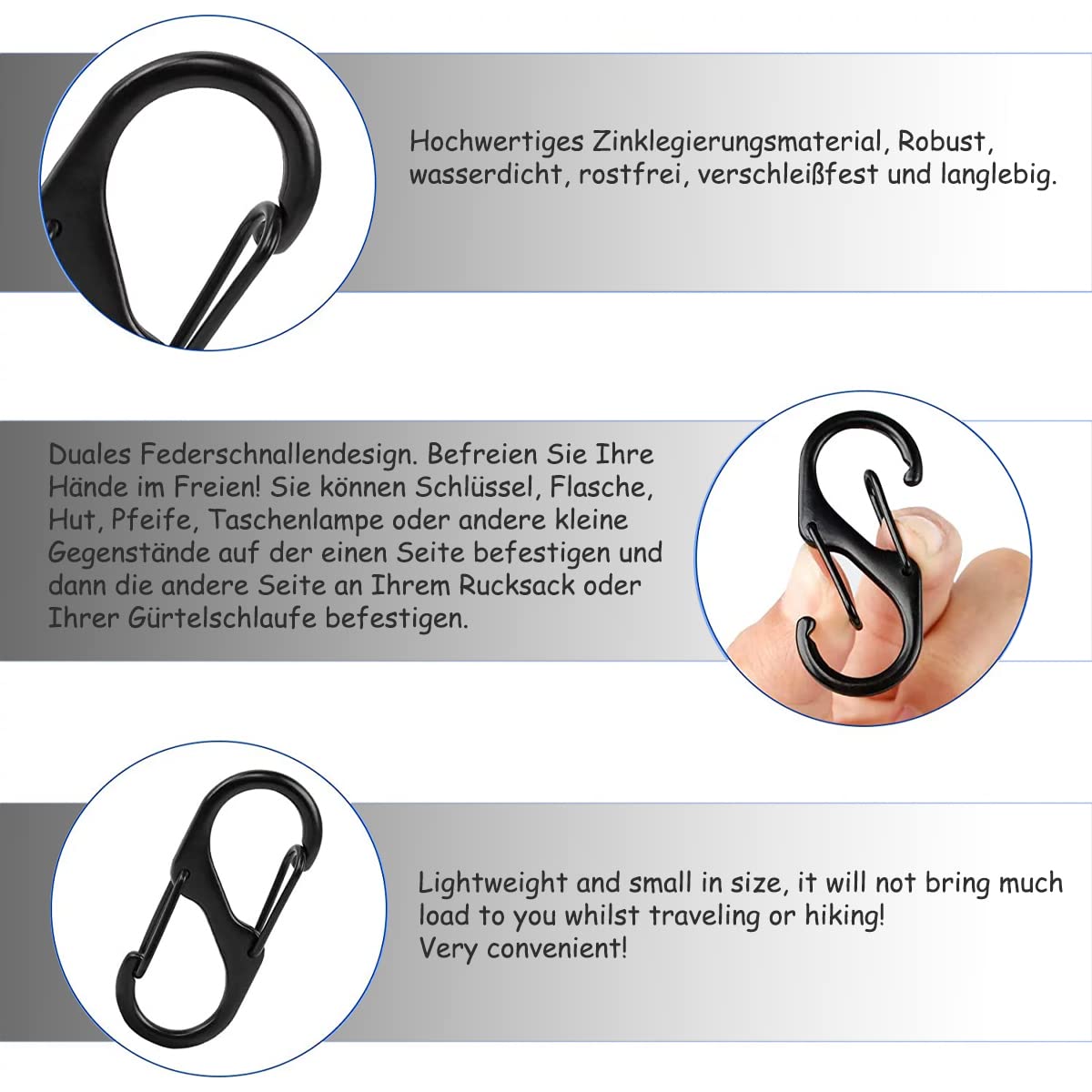 S Karabijnhaak, sleutelhanger, dubbele veer, S-vormige gesp