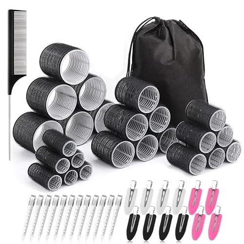 Set di rotoli per capelli senza calore, 4 dimensioni di bigodini adesivi, 24 clip, pettine e borsa portaoggetti per salone, come volume di gonfiaggio, nero