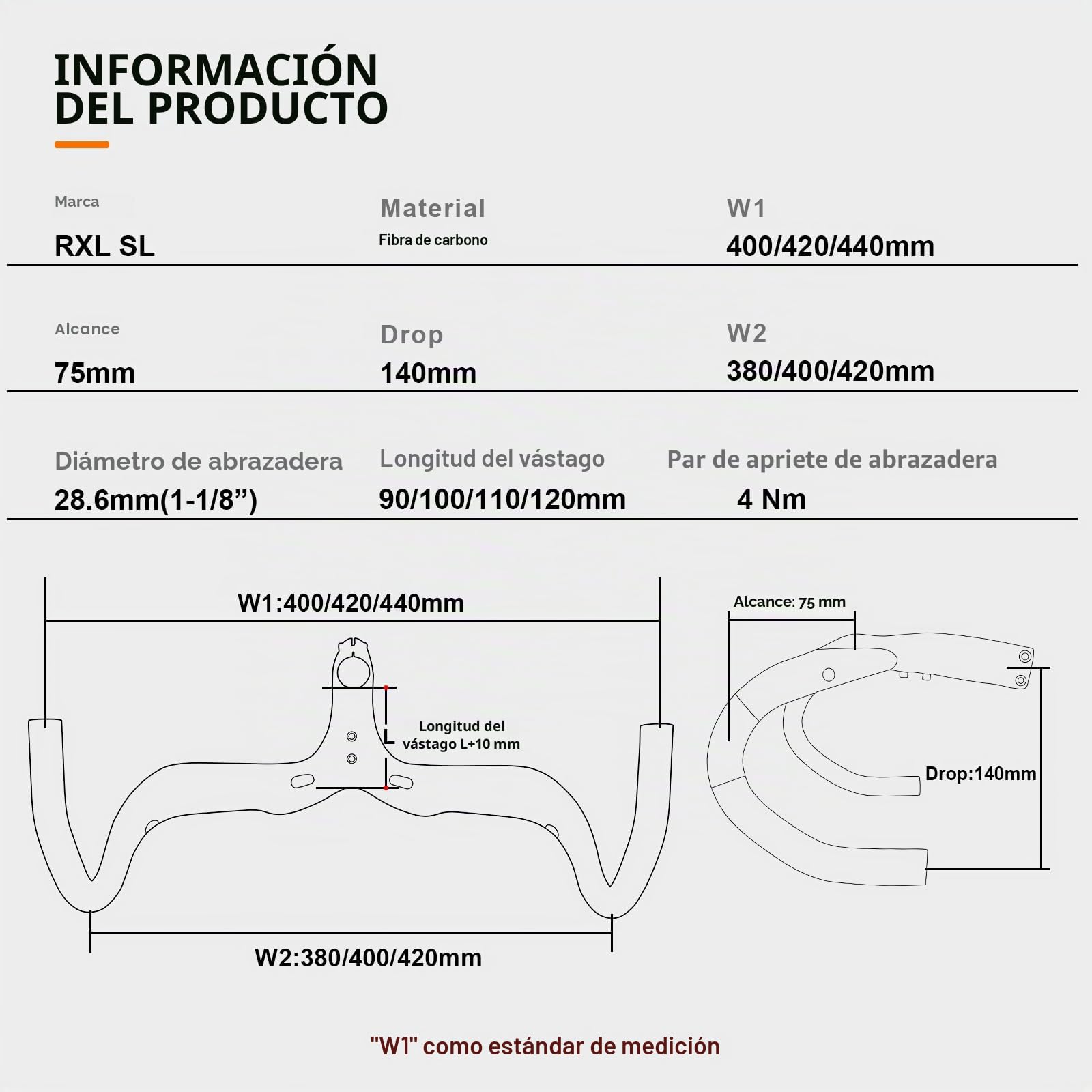 RXL SL 1-1/8" Manillar de bicicleta de carreras de fibra de carbono Enrutamiento interno 3K mate 400 x 100 mm