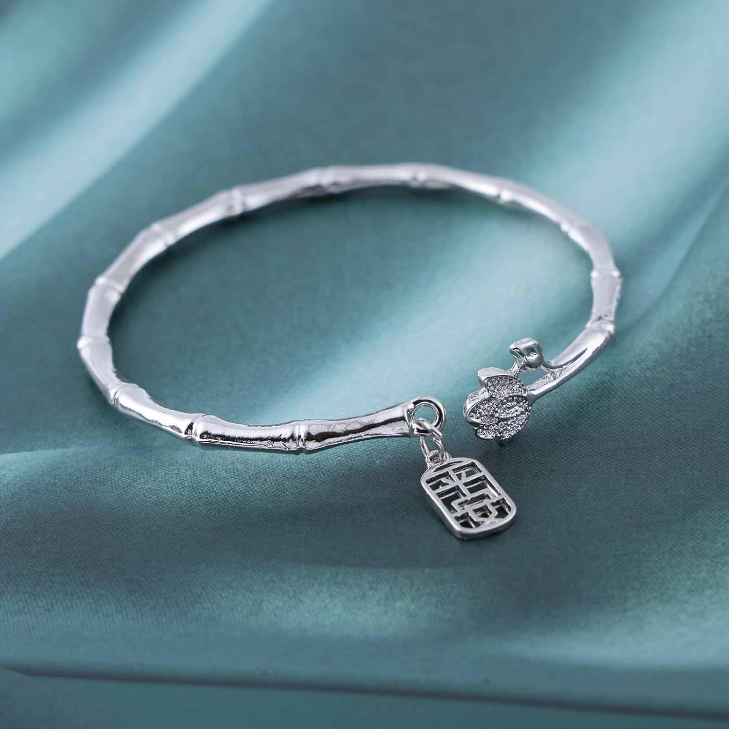 YienDoo Bamboo Cuff Bangle Bracelet Silver Vintage Bamboo Charm Open Cuff Bangle Statement Bamboo Flower Luck Bracelet Hand Chain Boho Hand Band for Women - Image 5