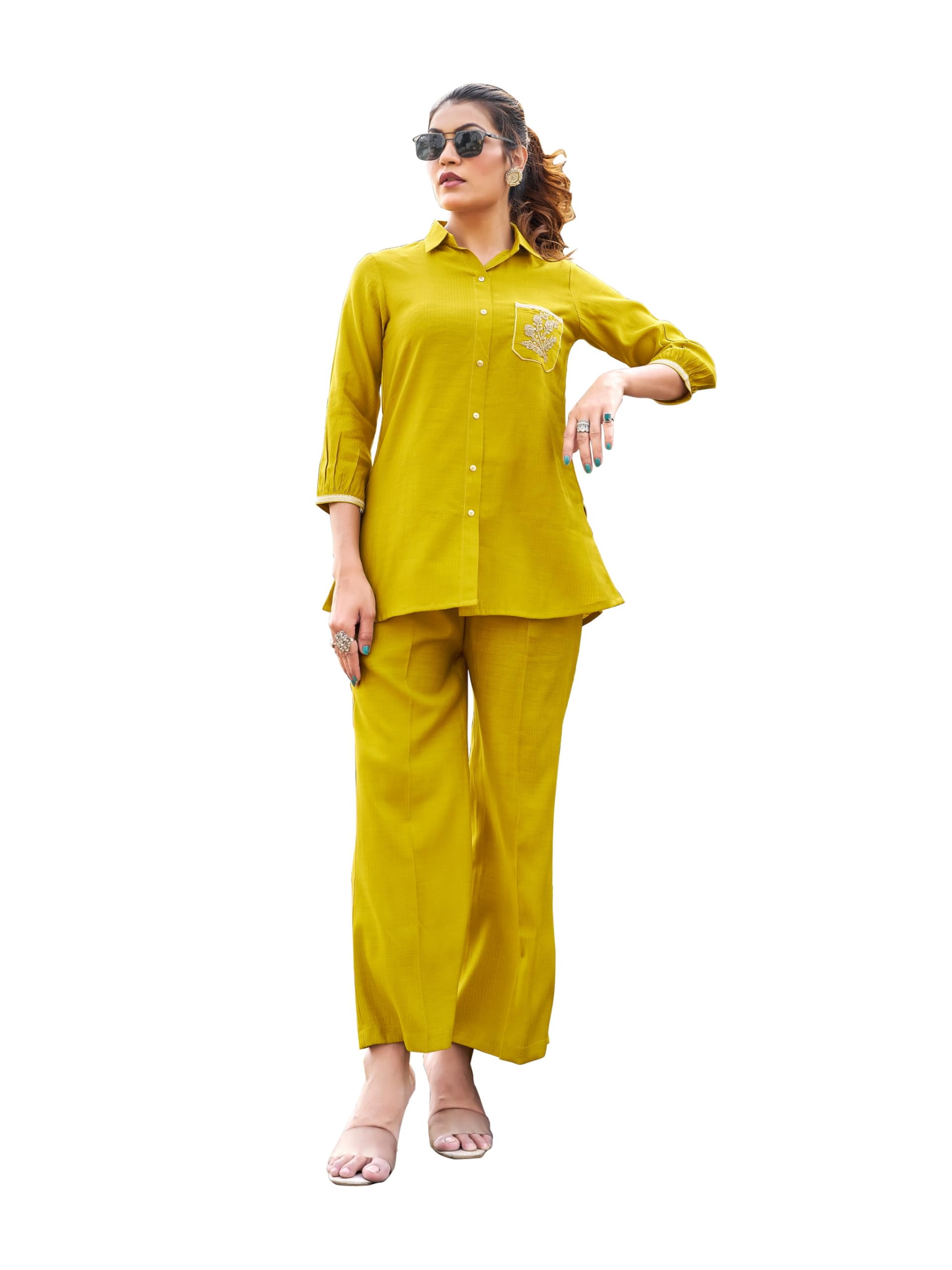 vibe creators Women's Self Design Pure Silk Mustard Shirt Trousers Co-Ords(VC_5063CO)-picture-20