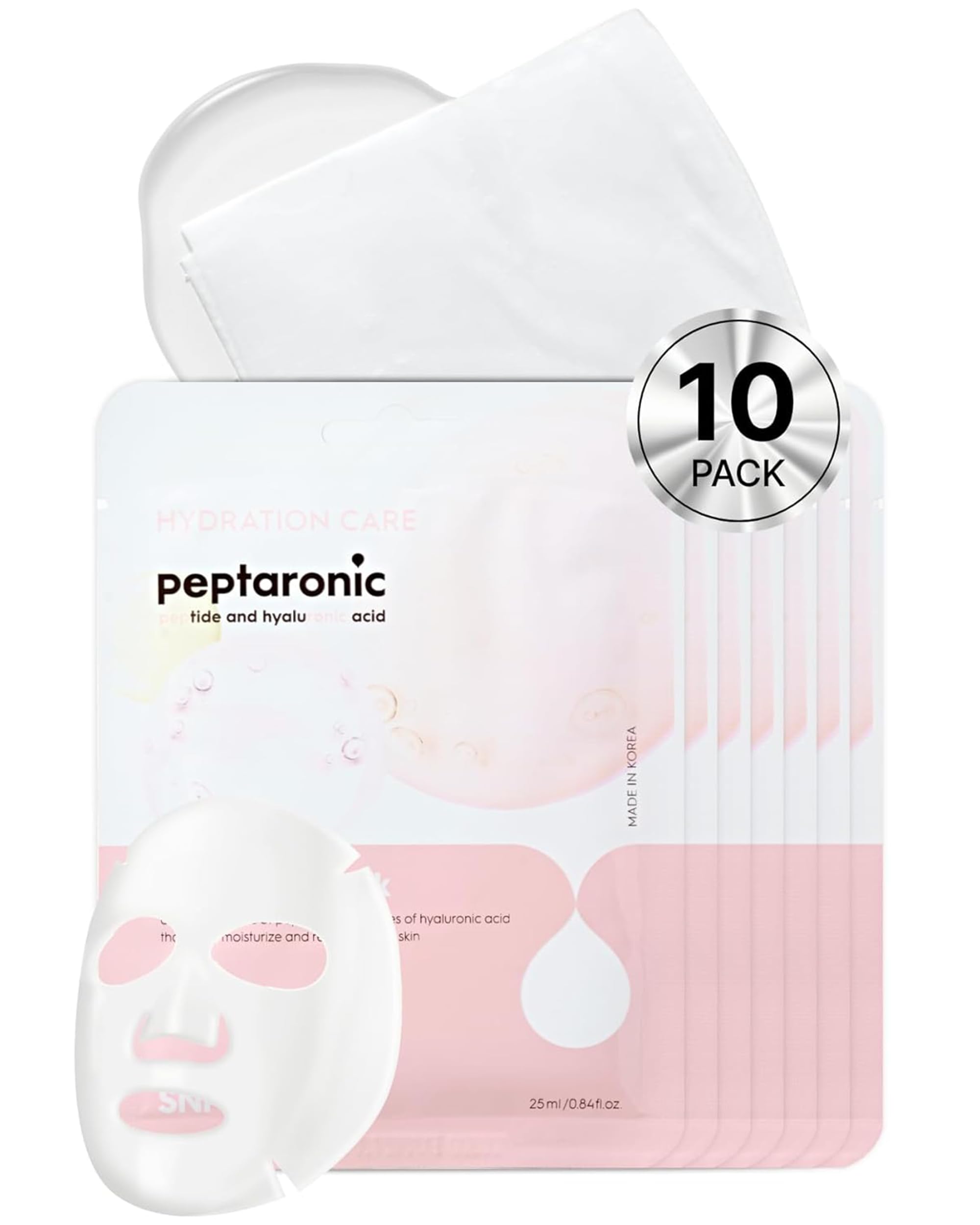 SNP Prep Peptaronic Ampoule Sheet Mask, Korean Facial Mask with 6 Peptides, 5 Types of Hyaluronic Acid