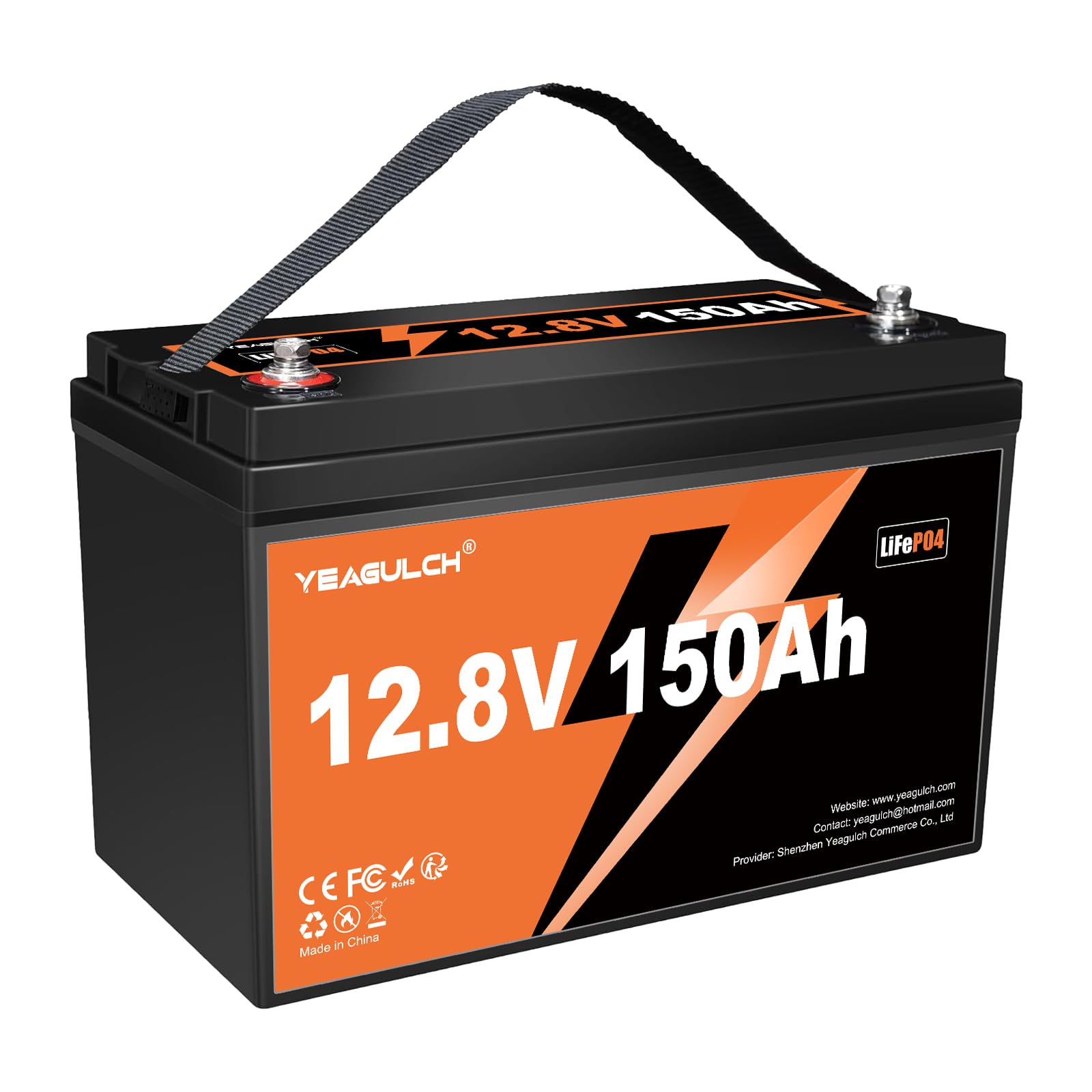 Yeagulch Batteria Litio 12V 150Ah LiFePO4 da 1920Wh 15000 Cicli con BMS 100A per Camper Impianto Solare Casa e Backup
