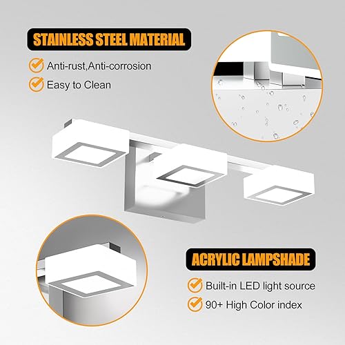 Miniatura 5 de Lámparas LED modernas para baño, 3 luces regulables con 5 modos de color, accesorios de iluminación de pared de baño acrílico cromado mate sobre