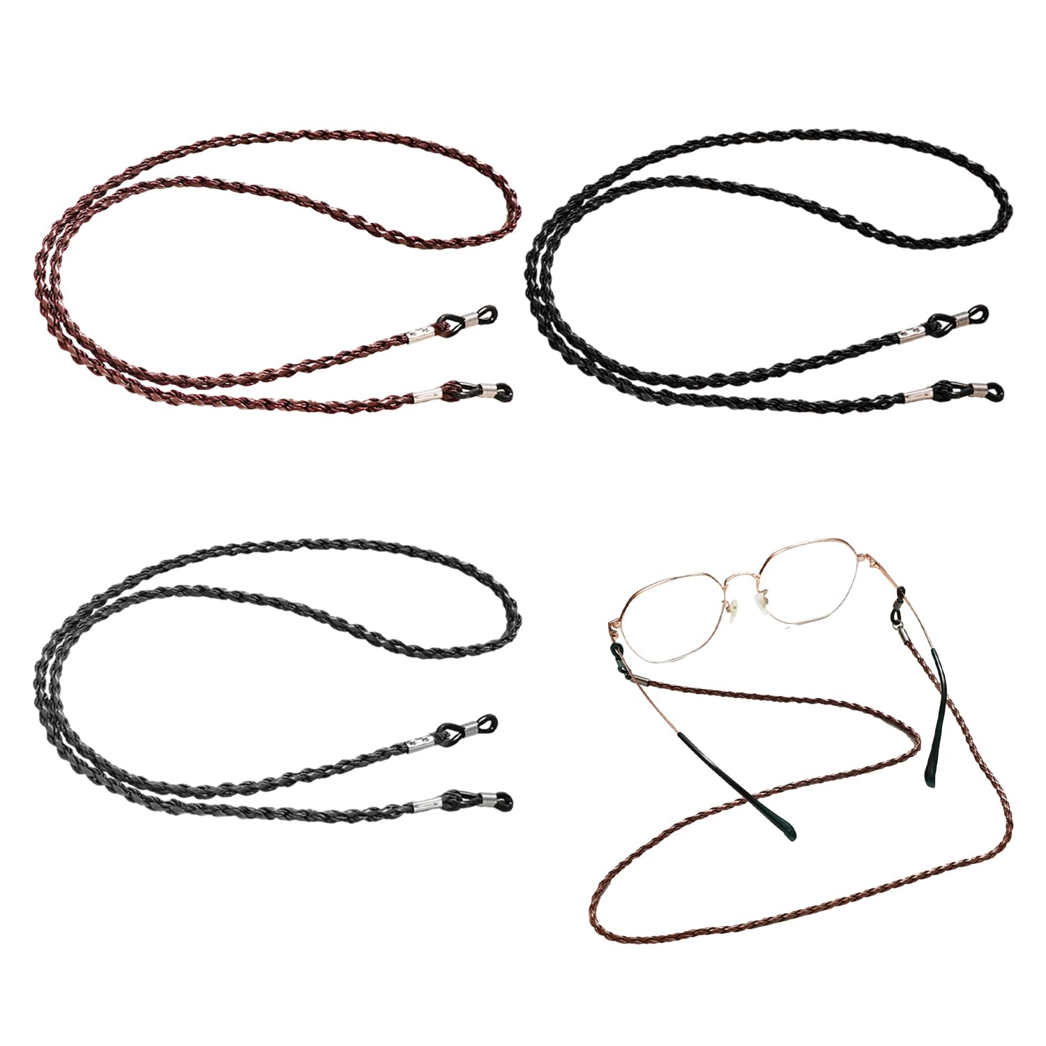 MEMOFYND 3 Cintas para gafas, cadena de gafas, correas para gafas para mujer, accesorios para gafas de sol, unisex, adecuado para gafas de lectura y gafas de sol, marrón oscuro, negro, gris, Marrón