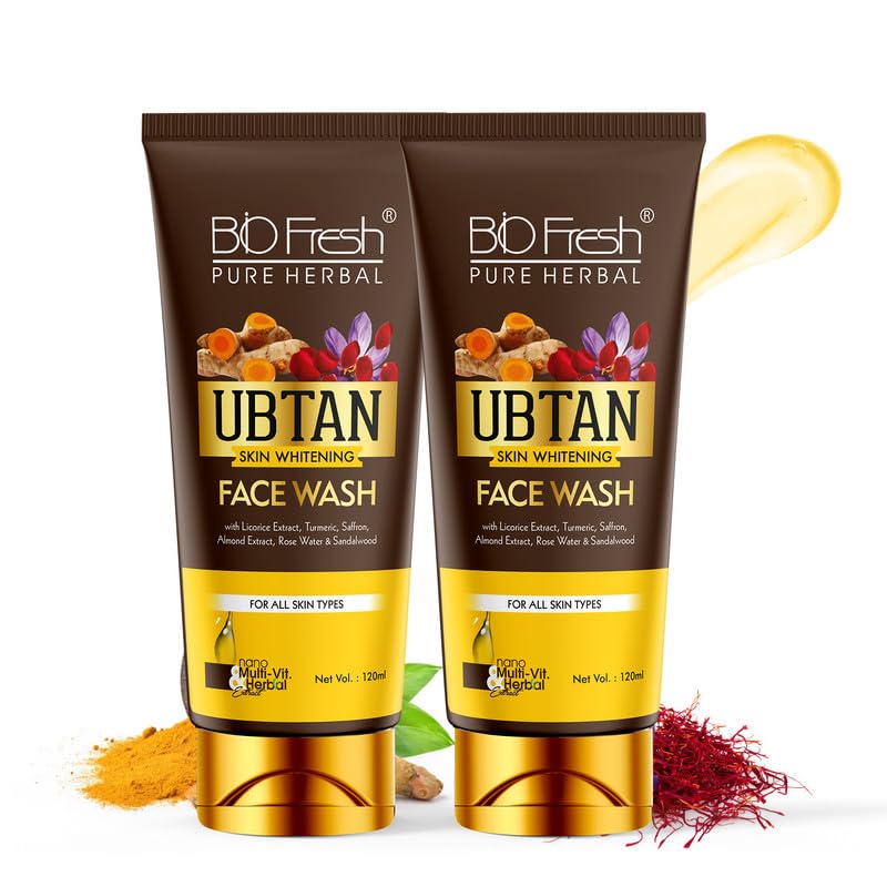 BIOFRESH HERBALS Ubtan Face Wash - 120ml Skin Whitening Turmeric Cleanser Sun Tanning Removal Dead Skin Exfoliator with Rose Water Haldi Facial Cleanser (Pack of 2)