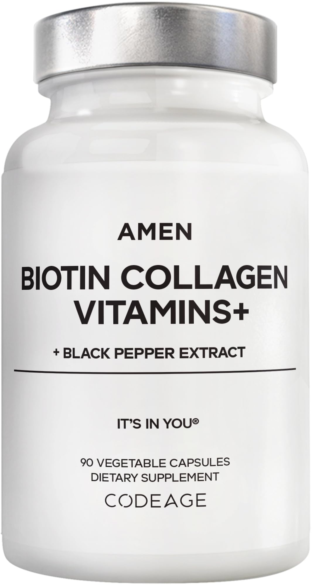 Amen Biotin Collagen Vitamins+ 10,000 mcg Biotin Supplement - Hydrolyzed Collagen, Vitamins C & E, Folate, Hyaluronic Acid, Keratin, MSM, Saw Palmetto - 3-Month Supply - Non-GMO - 90 Capsules