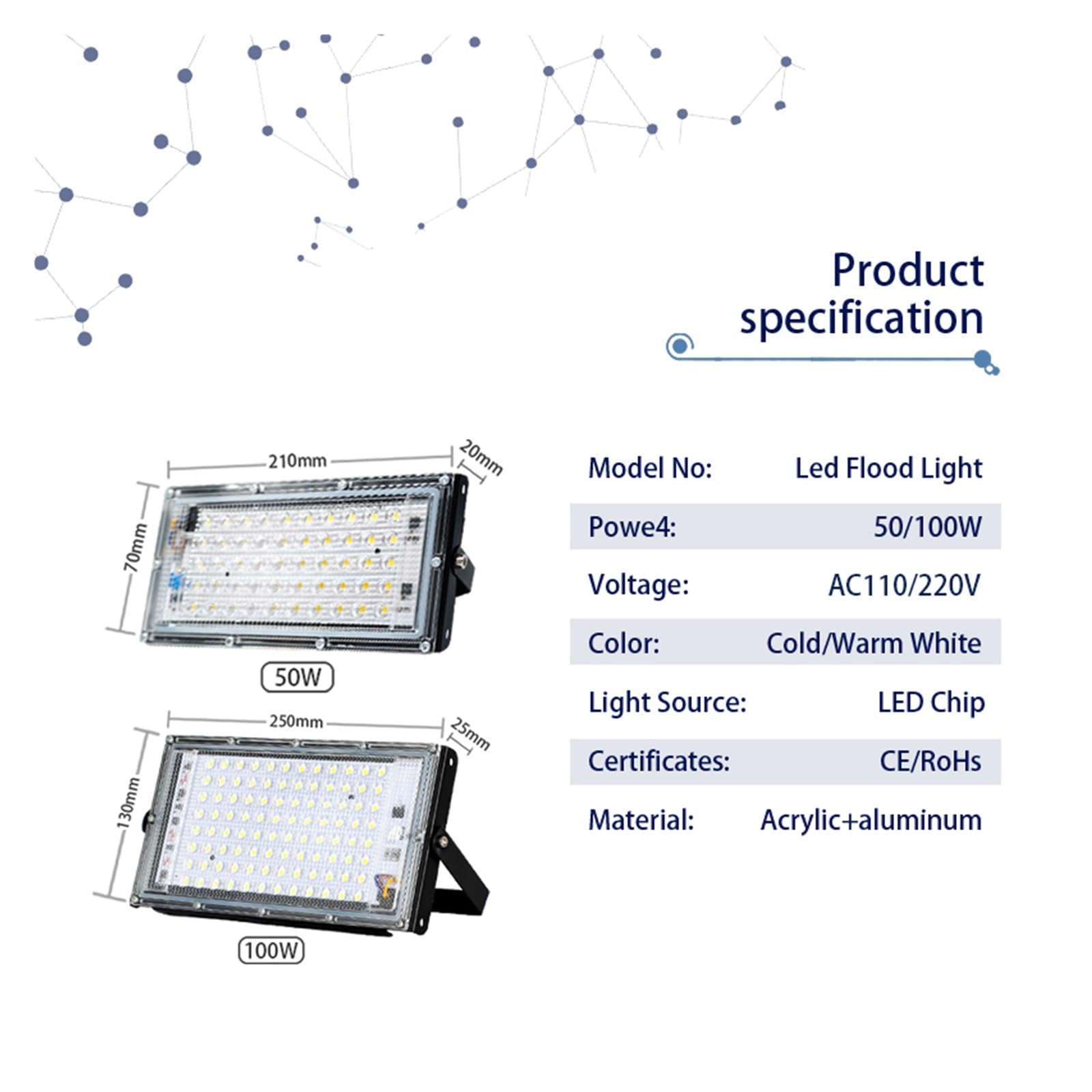 Zewnętrzne światło powodziowe 4 Sztuk/partia Led Światło Halonowe 50W 100W Reflektor Zewnętrzny IP65 Wodoodporna Lampa Uliczna LED Do Magazynu Garażowego Oświetlenie miejsca pracy(Warm White,100W)