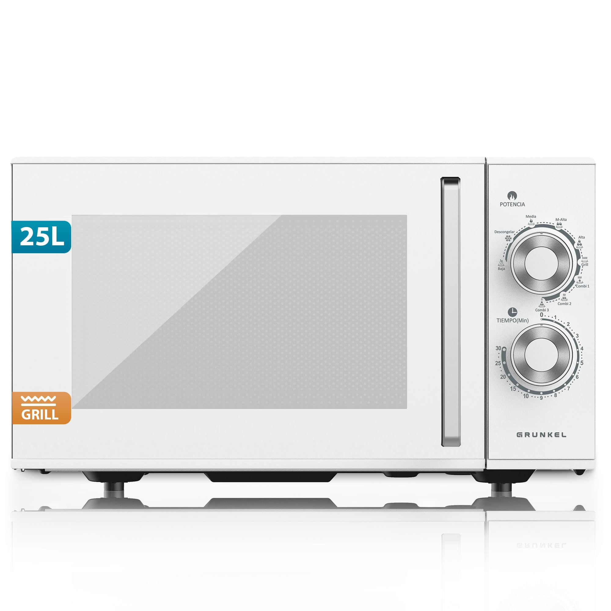 Grunkel Microondas con grill de 25 Litros, 900W + 1000W 5 Niveles de Potencia, 3 Modos Combinados, Temporizador 30 min Apertura con Tirador y Bandeja Ø245 mm