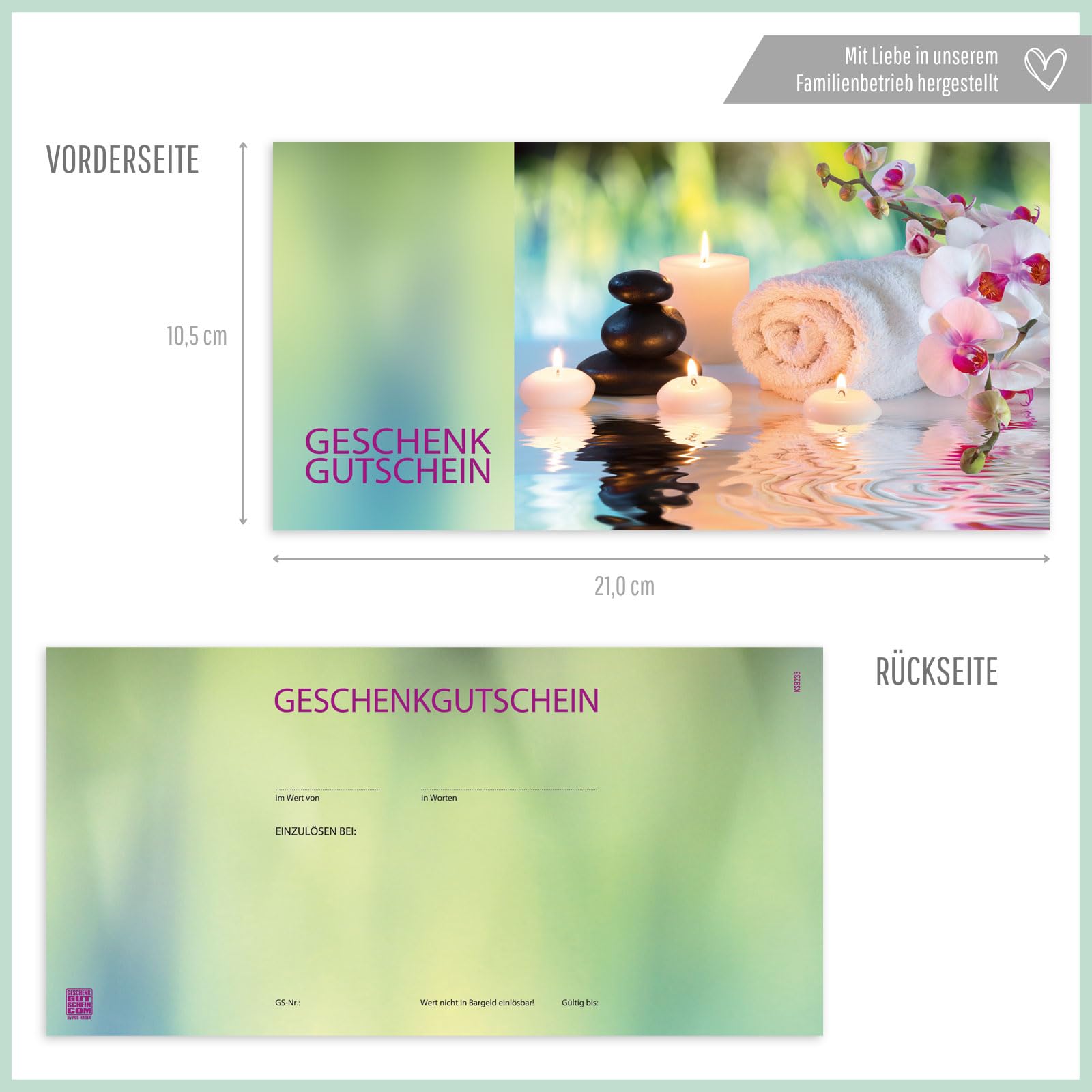 GESCHENKGUTSCHEINcom - 100 Geschenkgutscheine mit Umschlag - Formulare mit Motiv für Kosmetiksalon Massageinstitute Heilpraktiker KS9233-1-100-V1