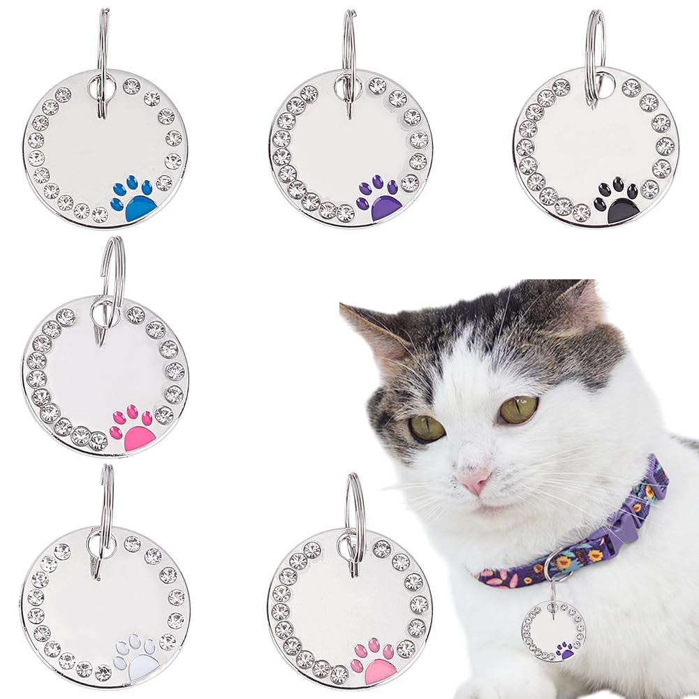 WADORN 6Pcs 6 Colors Pet Tags, Engraved Shining Cat Dog Pendants Bling Glitter Dog Name Tags Keychain Charms Accessories Cute Round Pawprint Bag Charms Blank Animal ID Tags for Puppy Kitten Animals