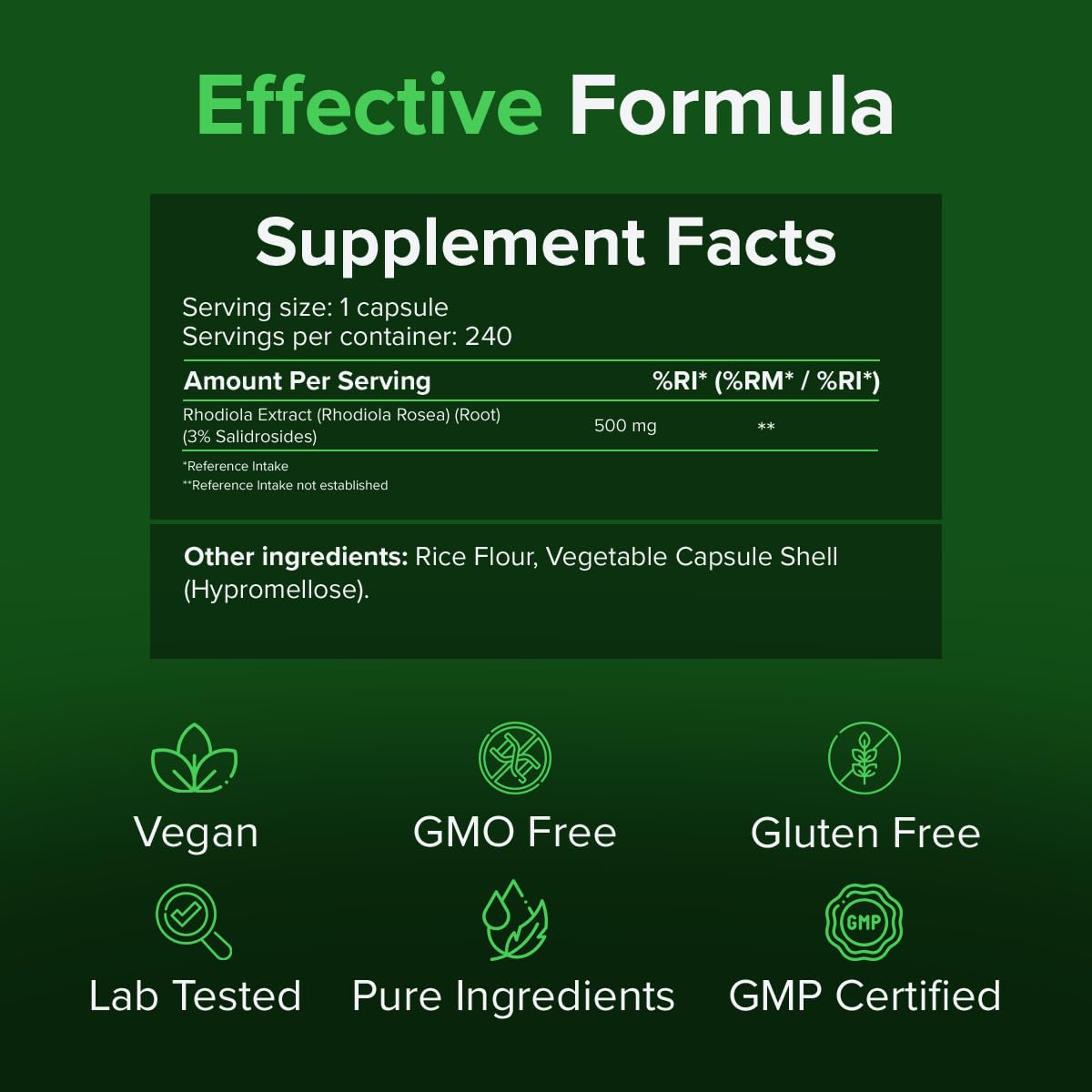 Rhodiola Rosea Extrakt 500 mg – 240 Kapseln | Rosenwurz Hochdosiert für Stressabbau & Energie (3% Salidroside) | 8 Monate Vorrat | Vegan, GMO- & Glutenfrei | Raw Powders